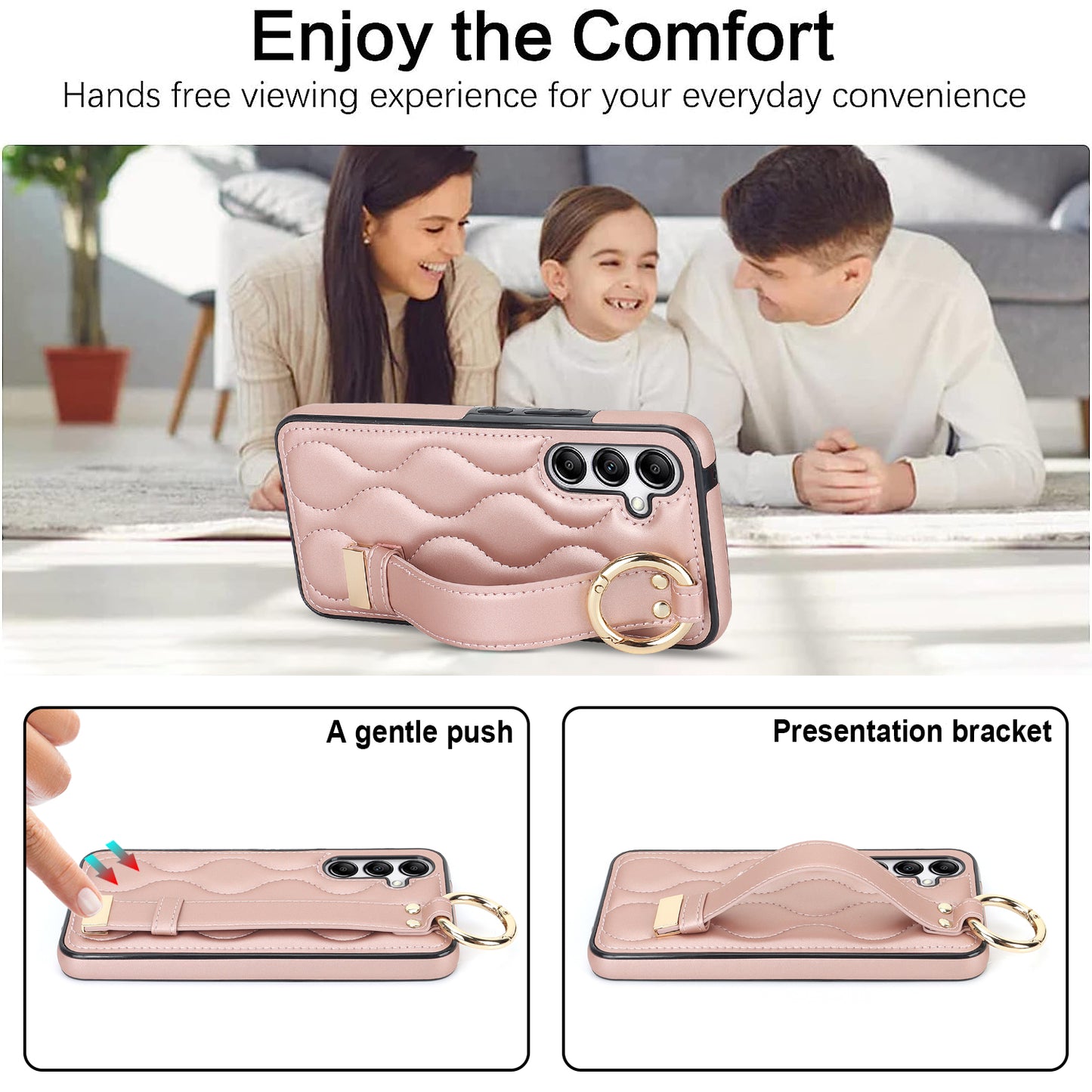 For Samsung Galaxy S24+ Cell Phone Case PU Leather+TPU Cover with Wristband - Rose Gold