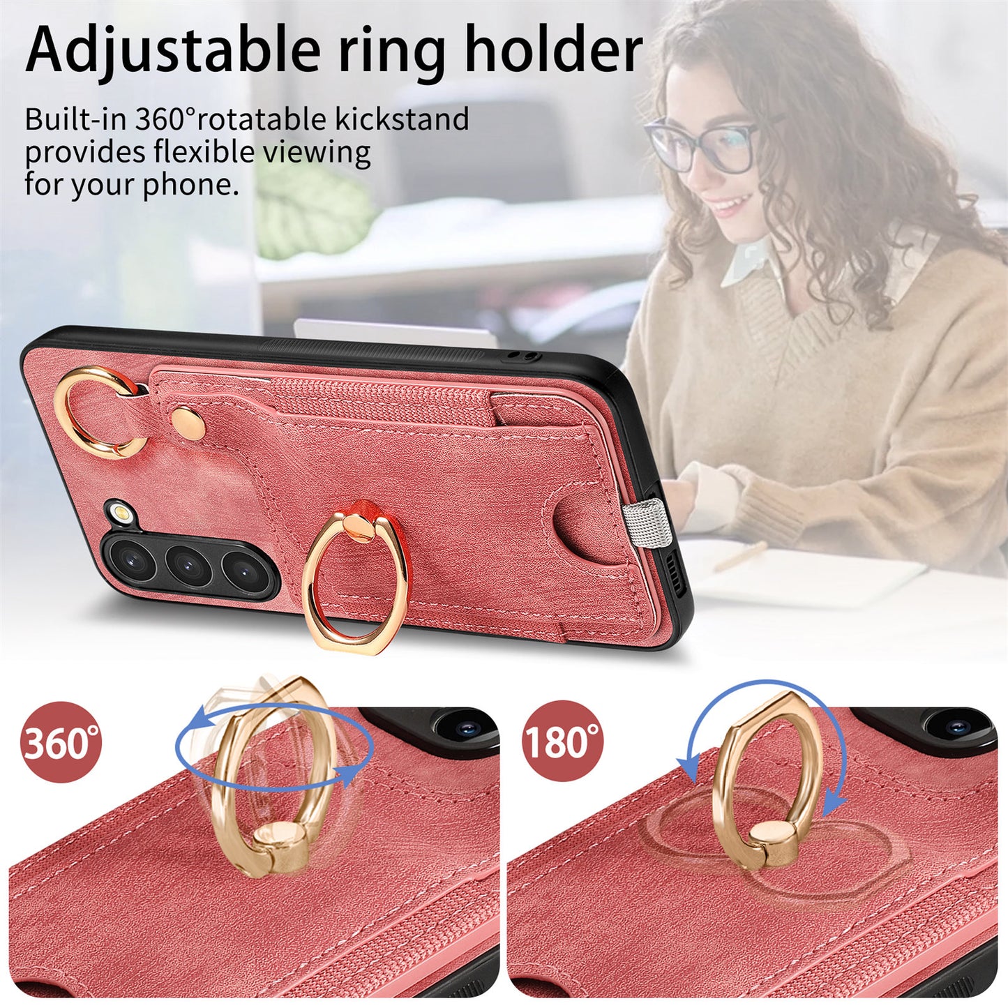 For Samsung Galaxy S24 Cell Phone Case Scratch-resistant Cover with Ring Kickstand - Pink