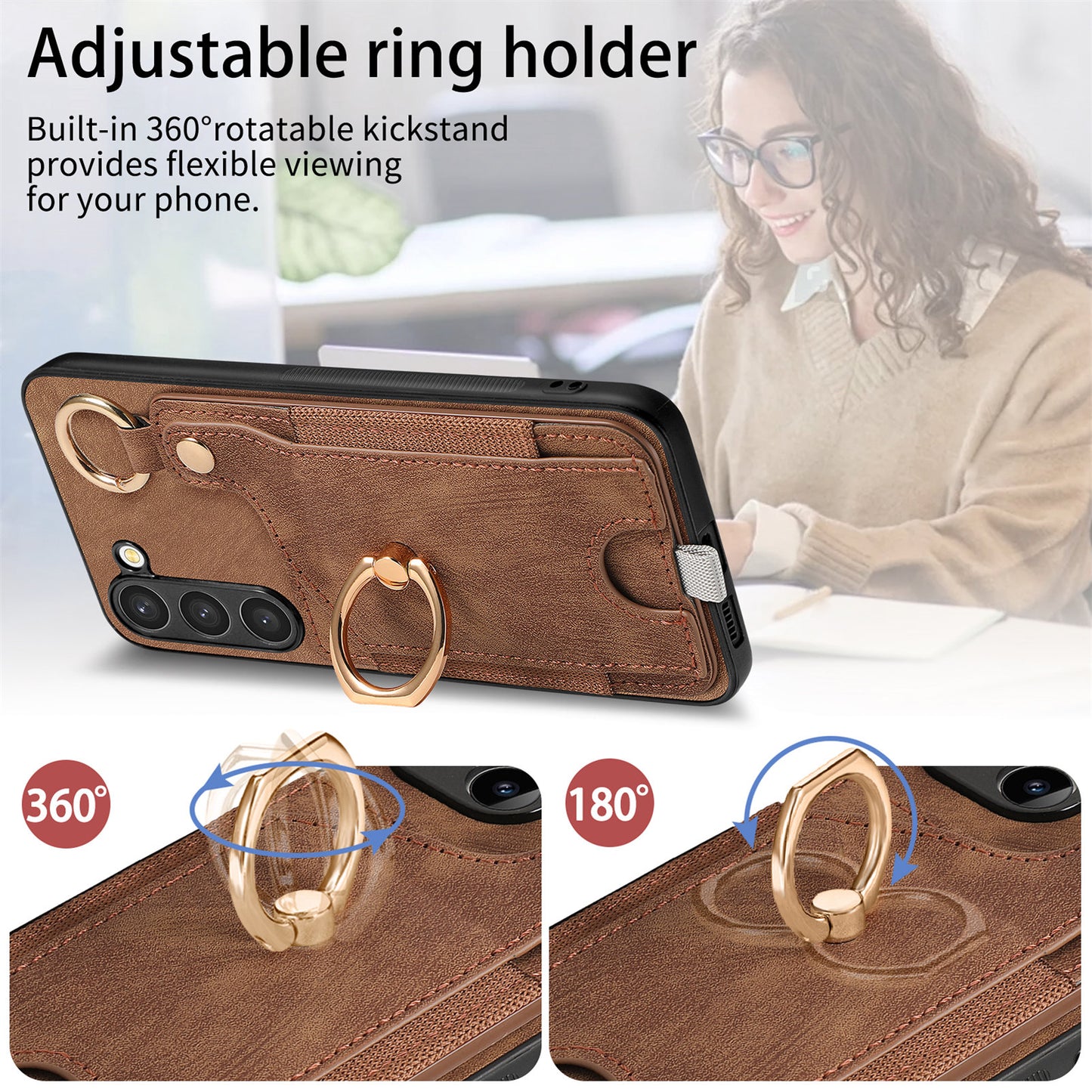 For Samsung Galaxy S24 Cell Phone Case Scratch-resistant Cover with Ring Kickstand - Brown