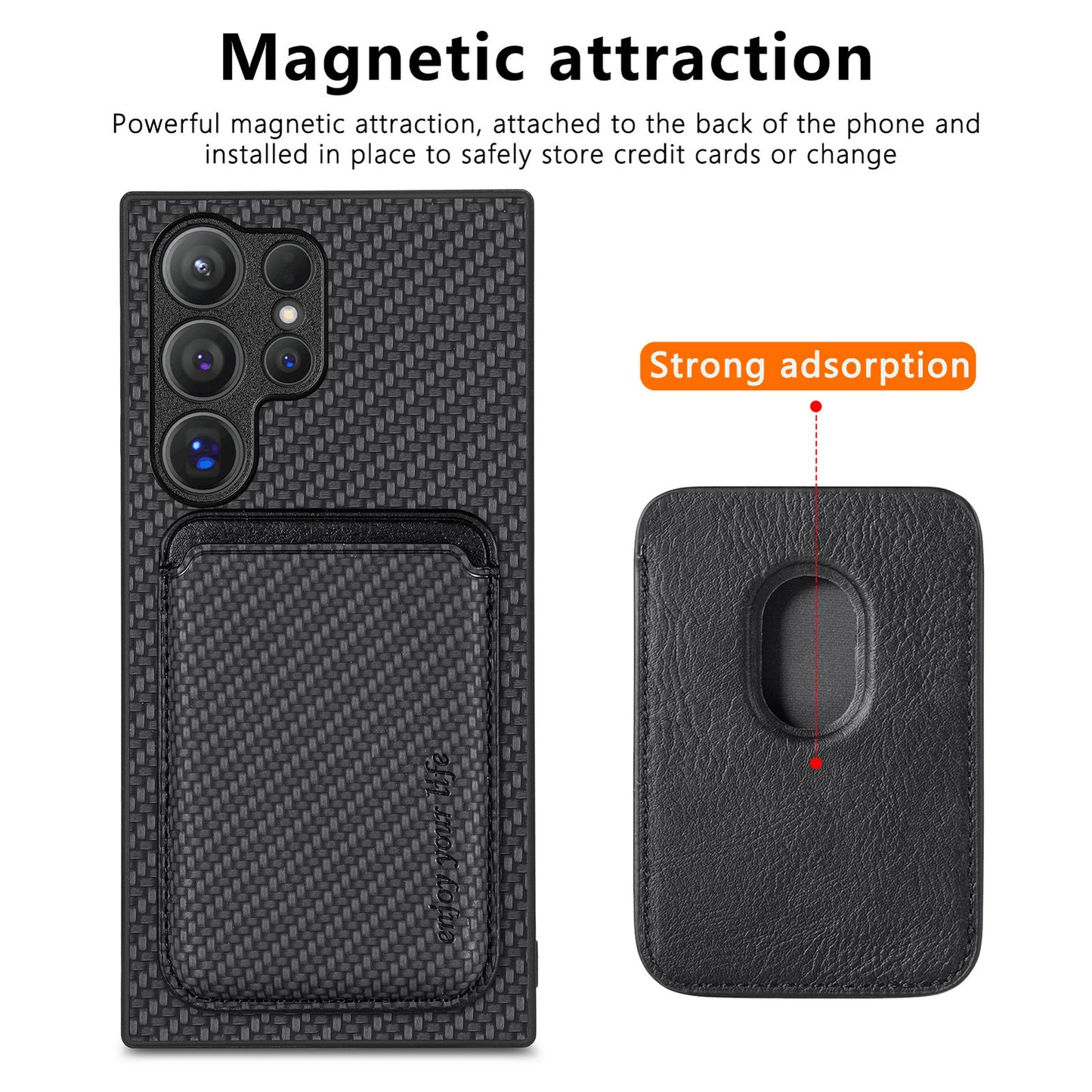 For Samsung Galaxy S24 Ultra Case Carbon Fiber Detachable Magnetic Card Slot Phone Protector - Black