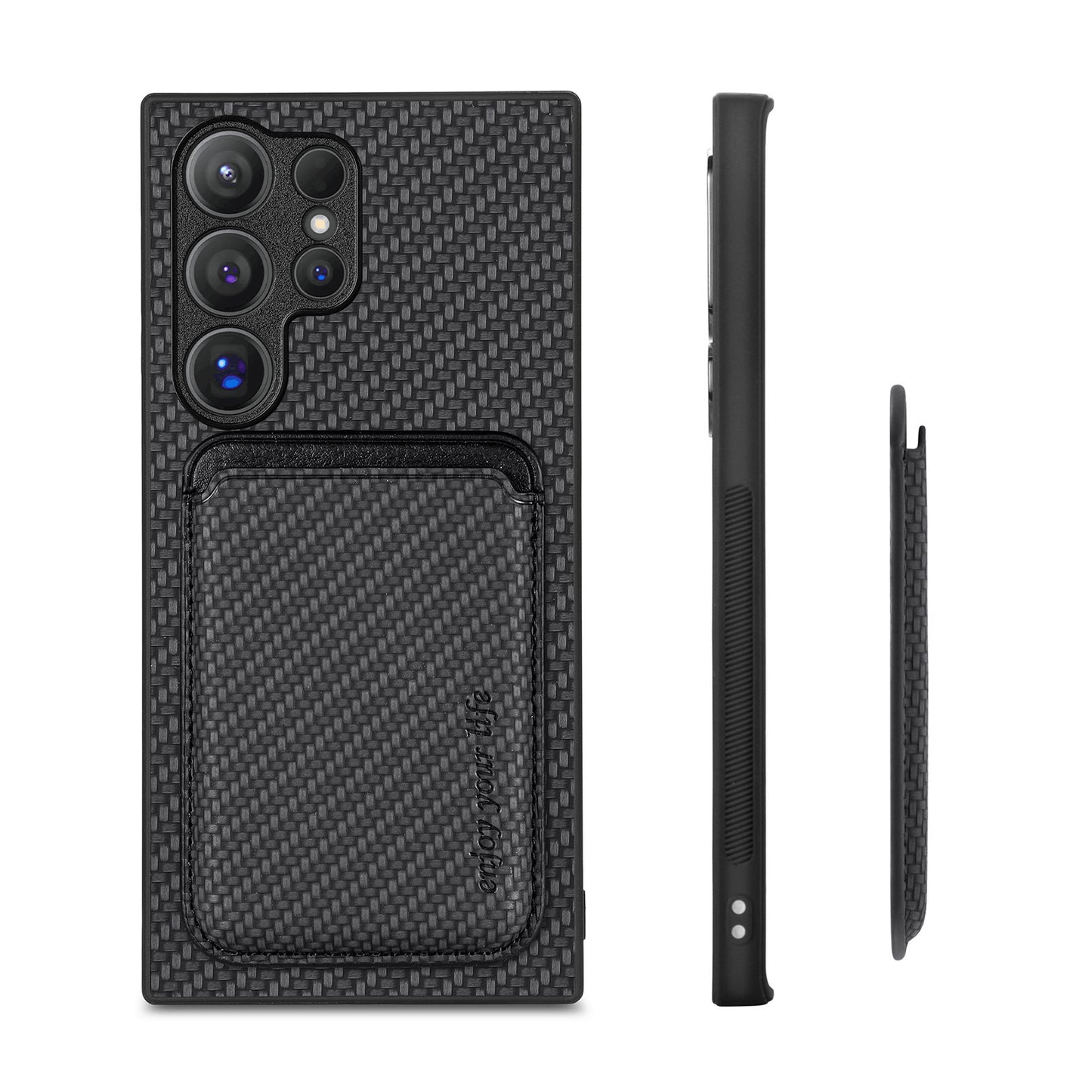 For Samsung Galaxy S24 Ultra Case Carbon Fiber Detachable Magnetic Card Slot Phone Protector - Black