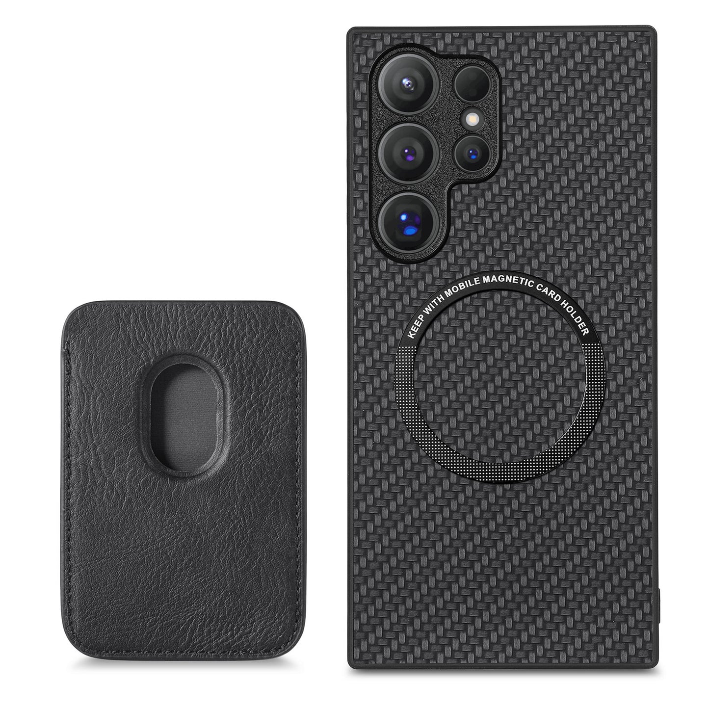 For Samsung Galaxy S24 Ultra Case Carbon Fiber Detachable Magnetic Card Slot Phone Protector - Black