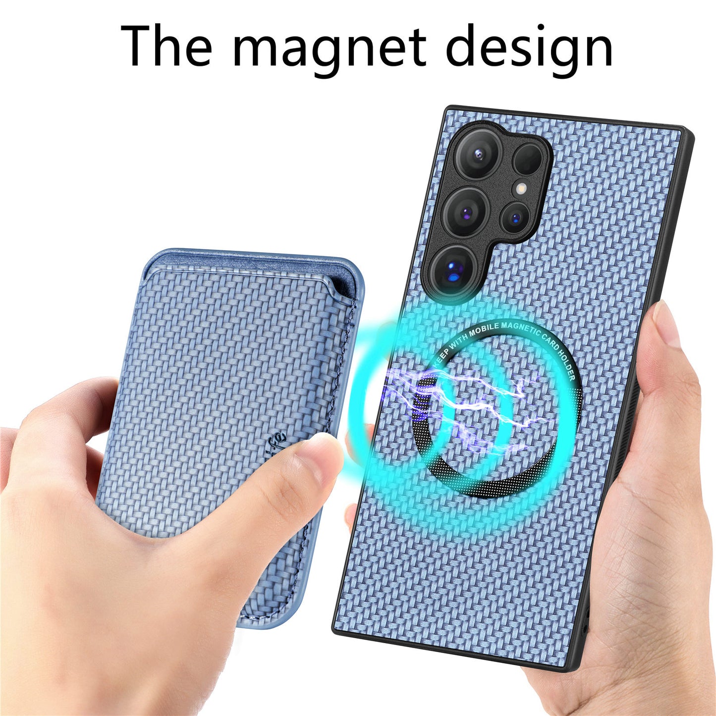 For Samsung Galaxy S24 Ultra Case Carbon Fiber Detachable Magnetic Card Slot Phone Protector - Blue
