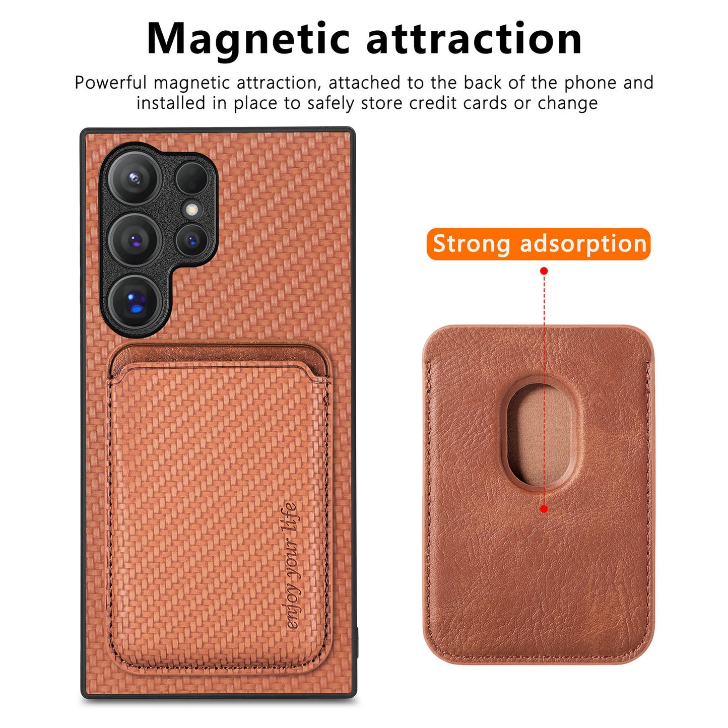 For Samsung Galaxy S24 Ultra Case Carbon Fiber Detachable Magnetic Card Slot Phone Protector - Brown