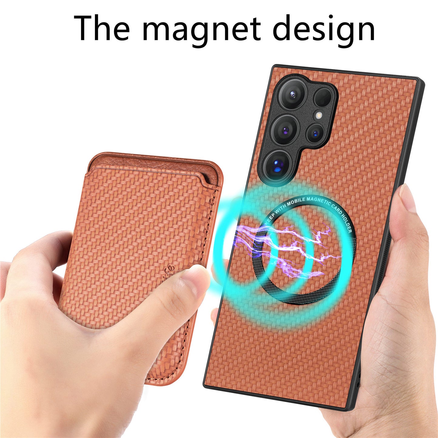 For Samsung Galaxy S24 Ultra Case Carbon Fiber Detachable Magnetic Card Slot Phone Protector - Brown