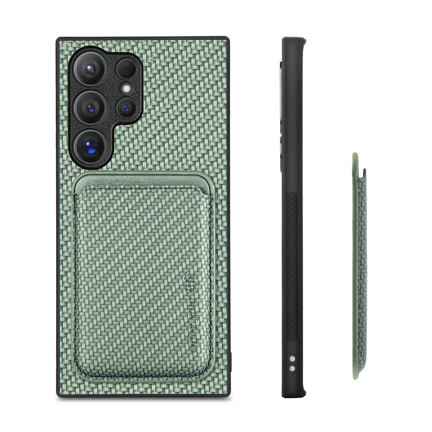 For Samsung Galaxy S24 Ultra Case Carbon Fiber Detachable Magnetic Card Slot Phone Protector - Green