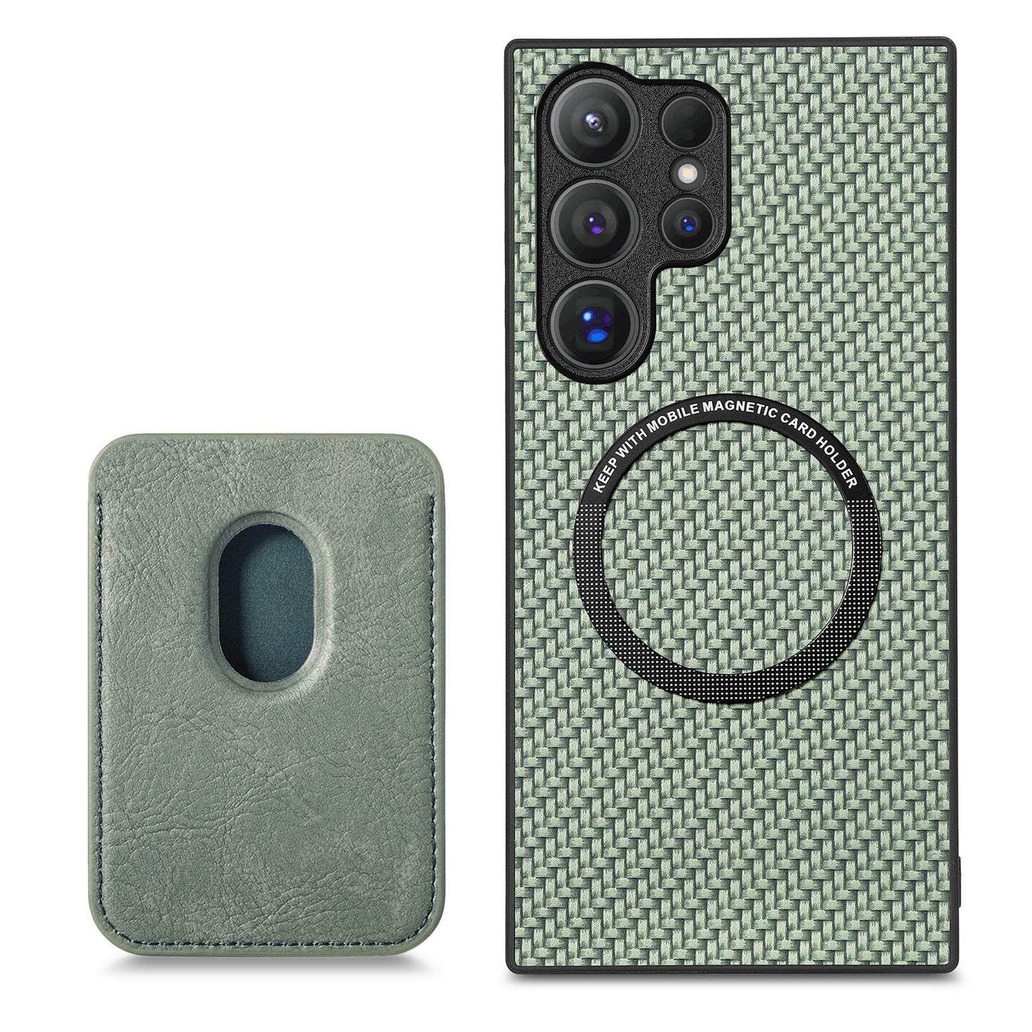 For Samsung Galaxy S24 Ultra Case Carbon Fiber Detachable Magnetic Card Slot Phone Protector - Green