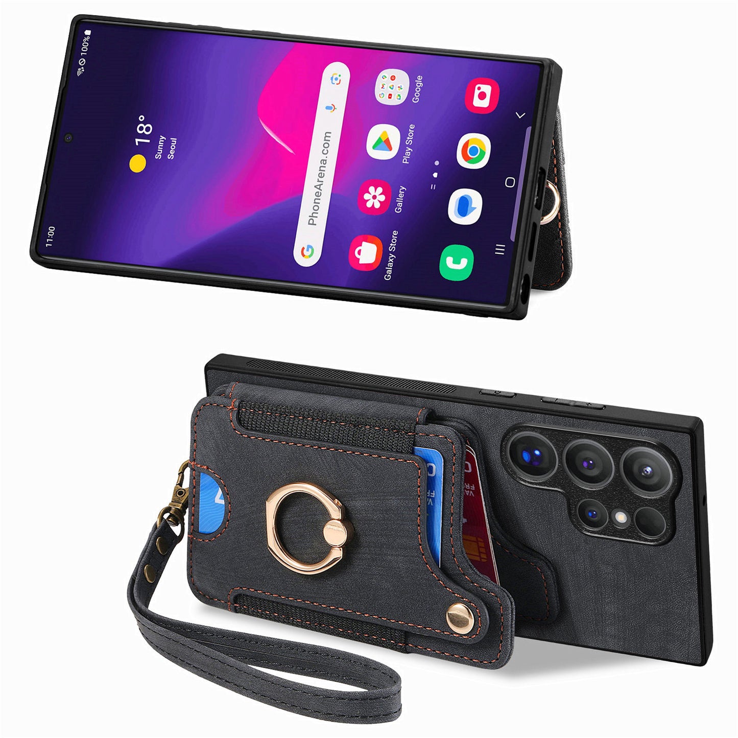 D4 For Samsung Galaxy S24 Ultra Leather Back Cover RFID Blocking Kickstand Phone Case with Card Slots - Black