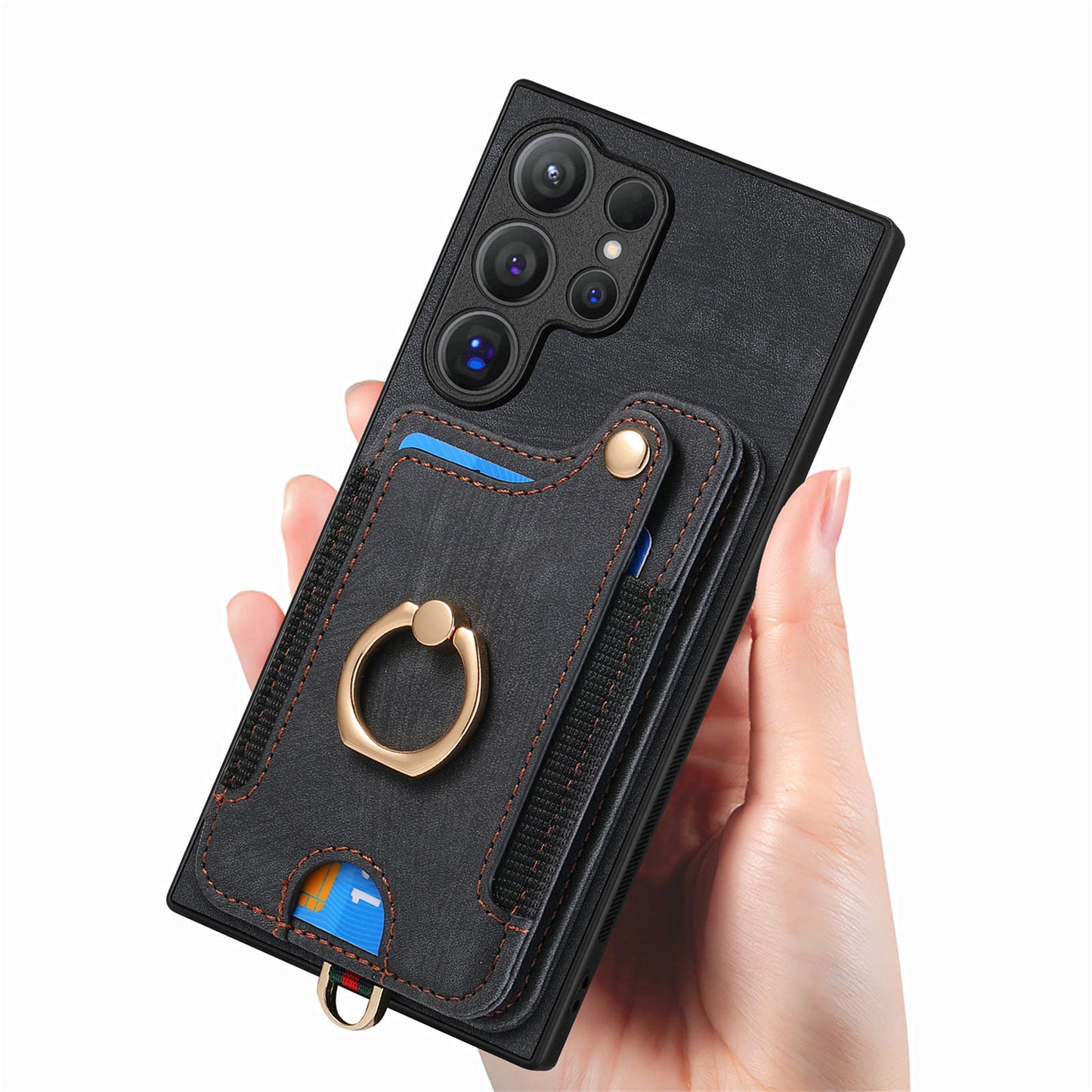 D4 For Samsung Galaxy S24 Ultra Leather Back Cover RFID Blocking Kickstand Phone Case with Card Slots - Black
