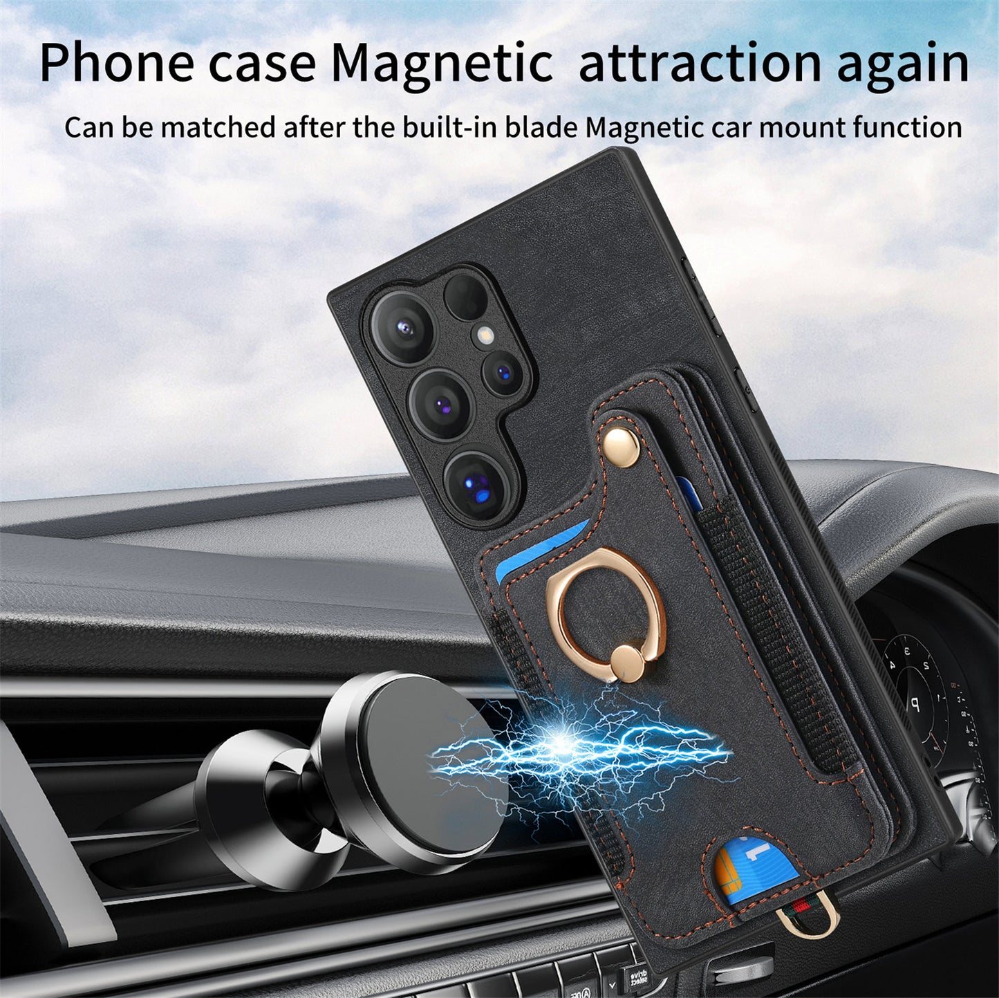 D4 For Samsung Galaxy S24 Ultra Leather Back Cover RFID Blocking Kickstand Phone Case with Card Slots - Black