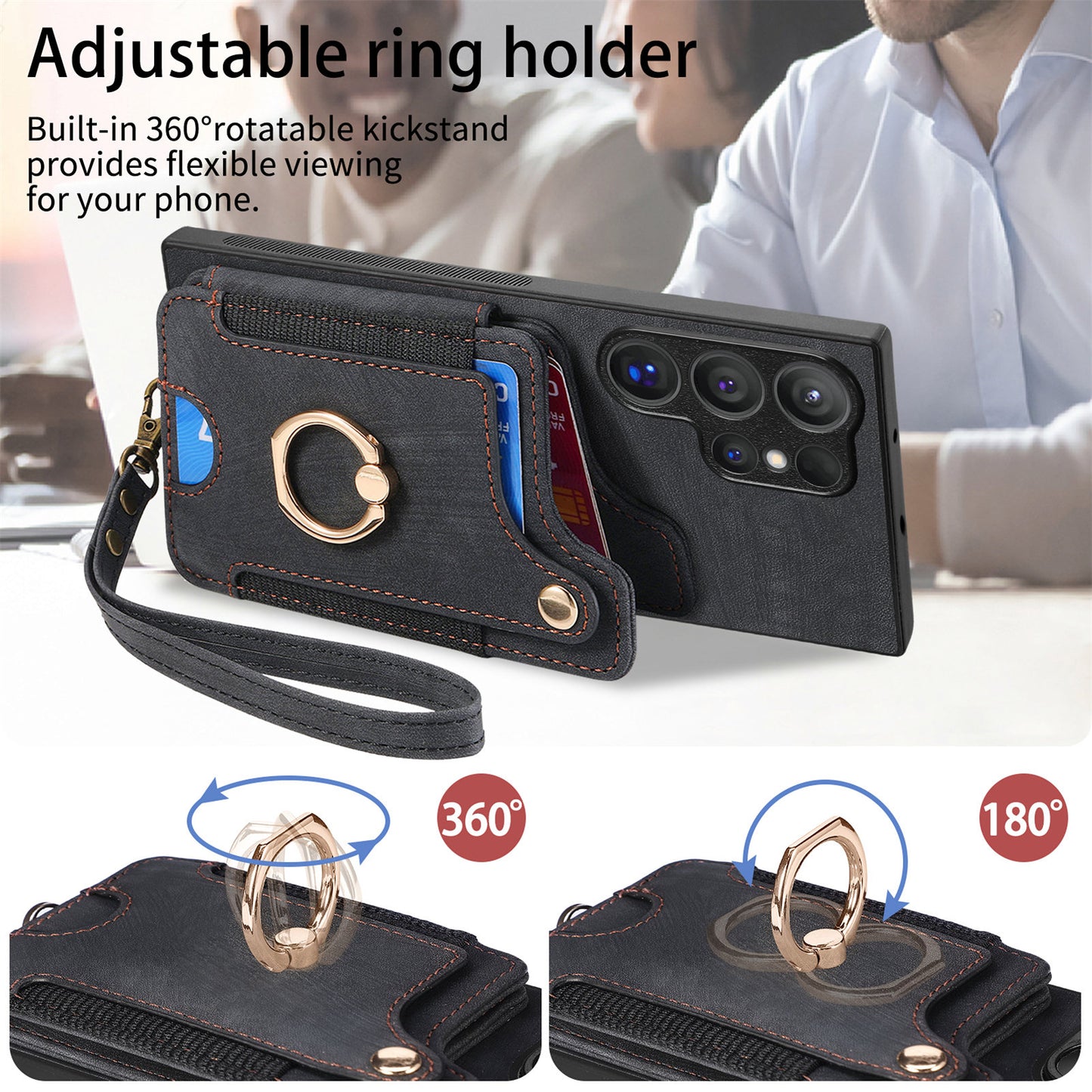 D4 For Samsung Galaxy S24 Ultra Leather Back Cover RFID Blocking Kickstand Phone Case with Card Slots - Black