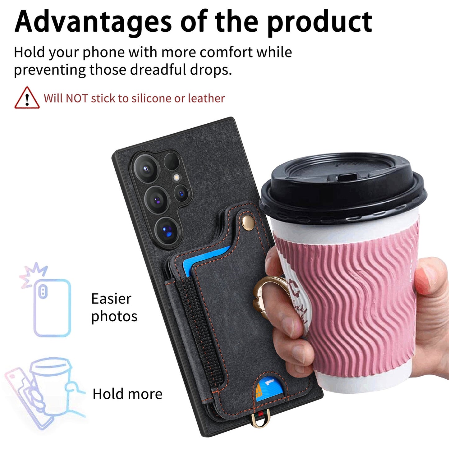 D4 For Samsung Galaxy S24 Ultra Leather Back Cover RFID Blocking Kickstand Phone Case with Card Slots - Black