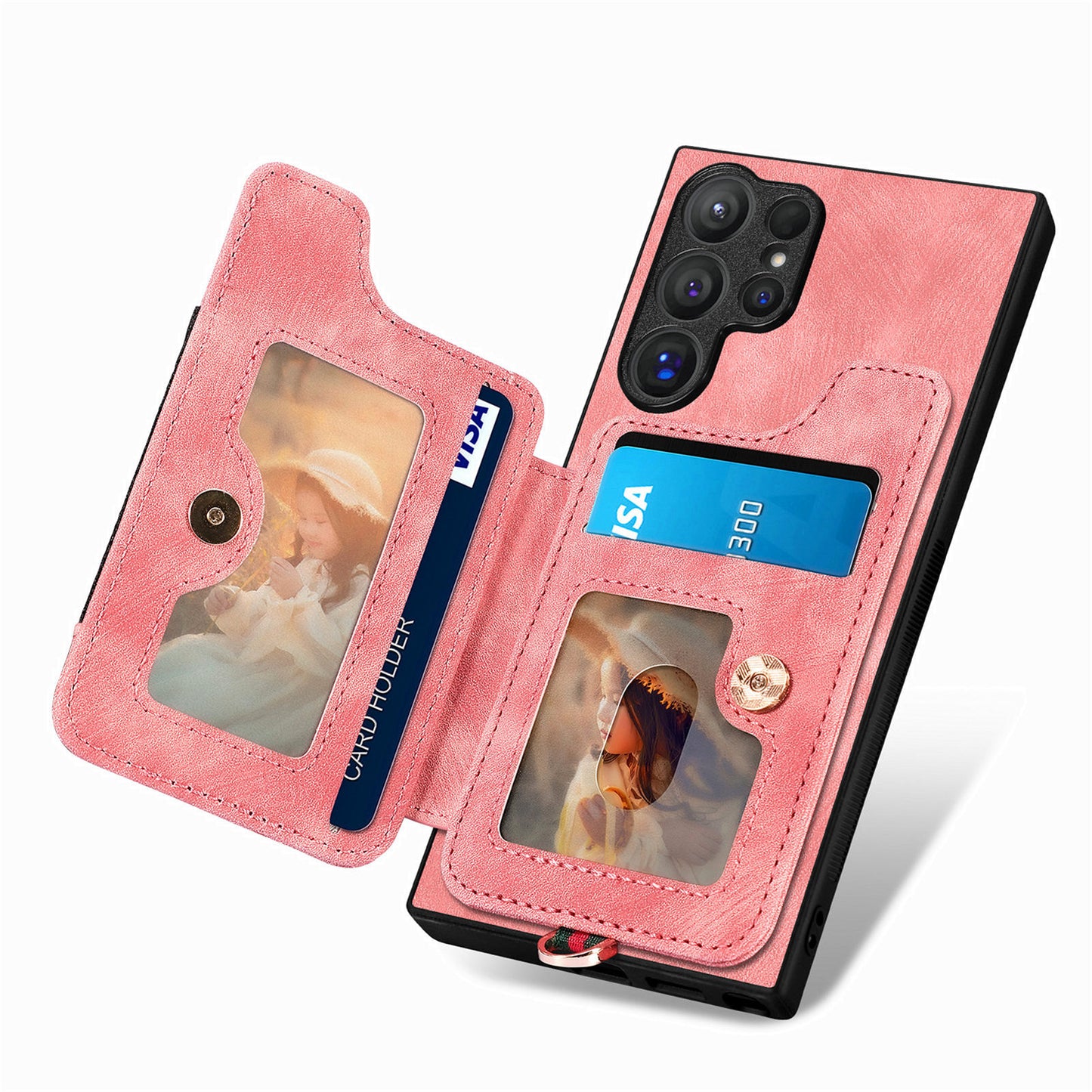 D4 For Samsung Galaxy S24 Ultra Leather Back Cover RFID Blocking Kickstand Phone Case with Card Slots - Pink