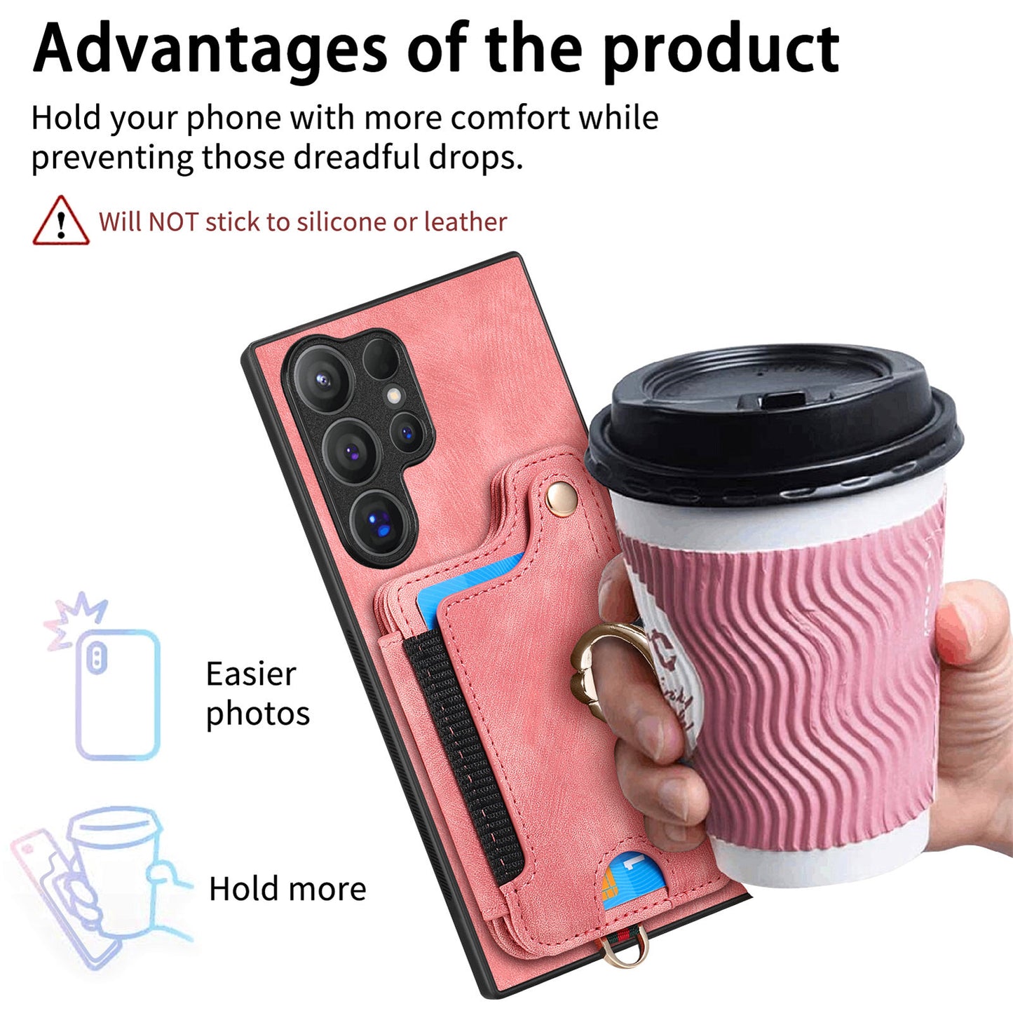 D4 For Samsung Galaxy S24 Ultra Leather Back Cover RFID Blocking Kickstand Phone Case with Card Slots - Pink