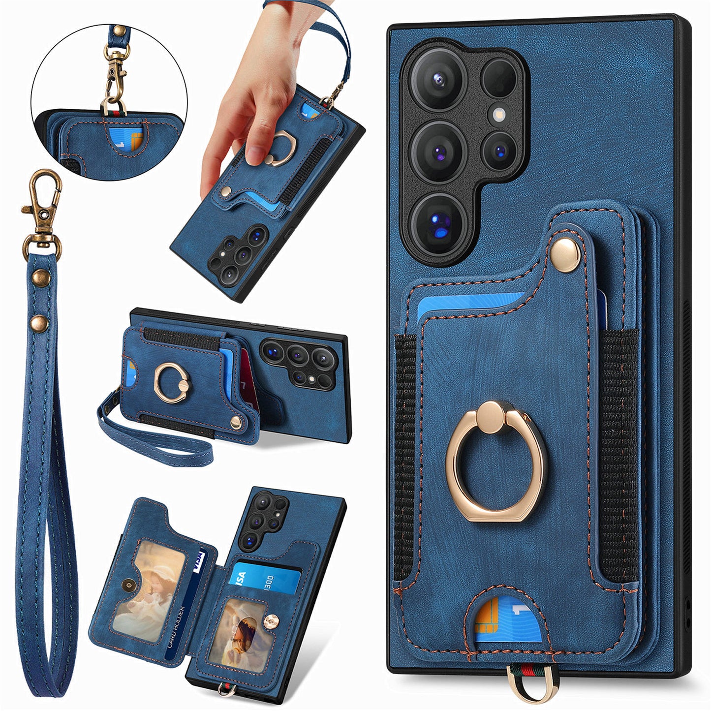D4 For Samsung Galaxy S24 Ultra Leather Back Cover RFID Blocking Kickstand Phone Case with Card Slots - Blue