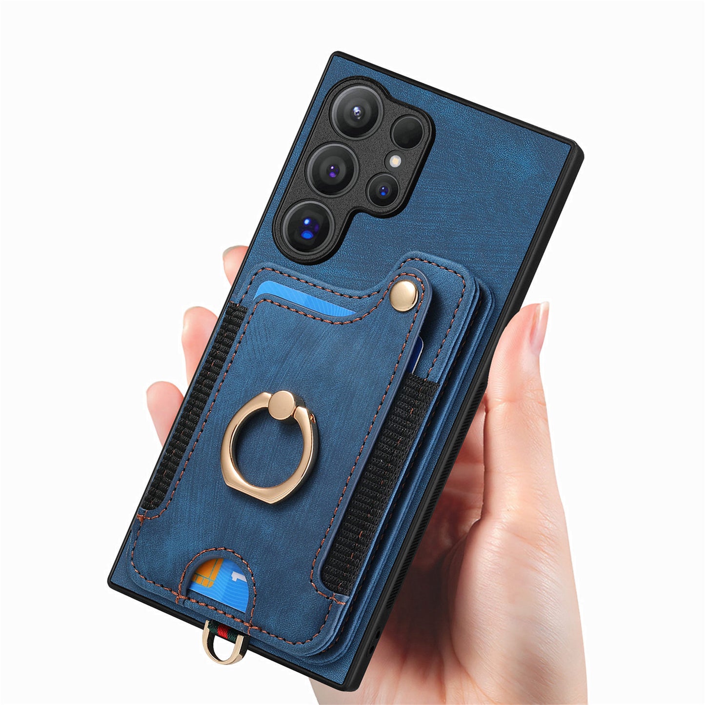 D4 For Samsung Galaxy S24 Ultra Leather Back Cover RFID Blocking Kickstand Phone Case with Card Slots - Blue