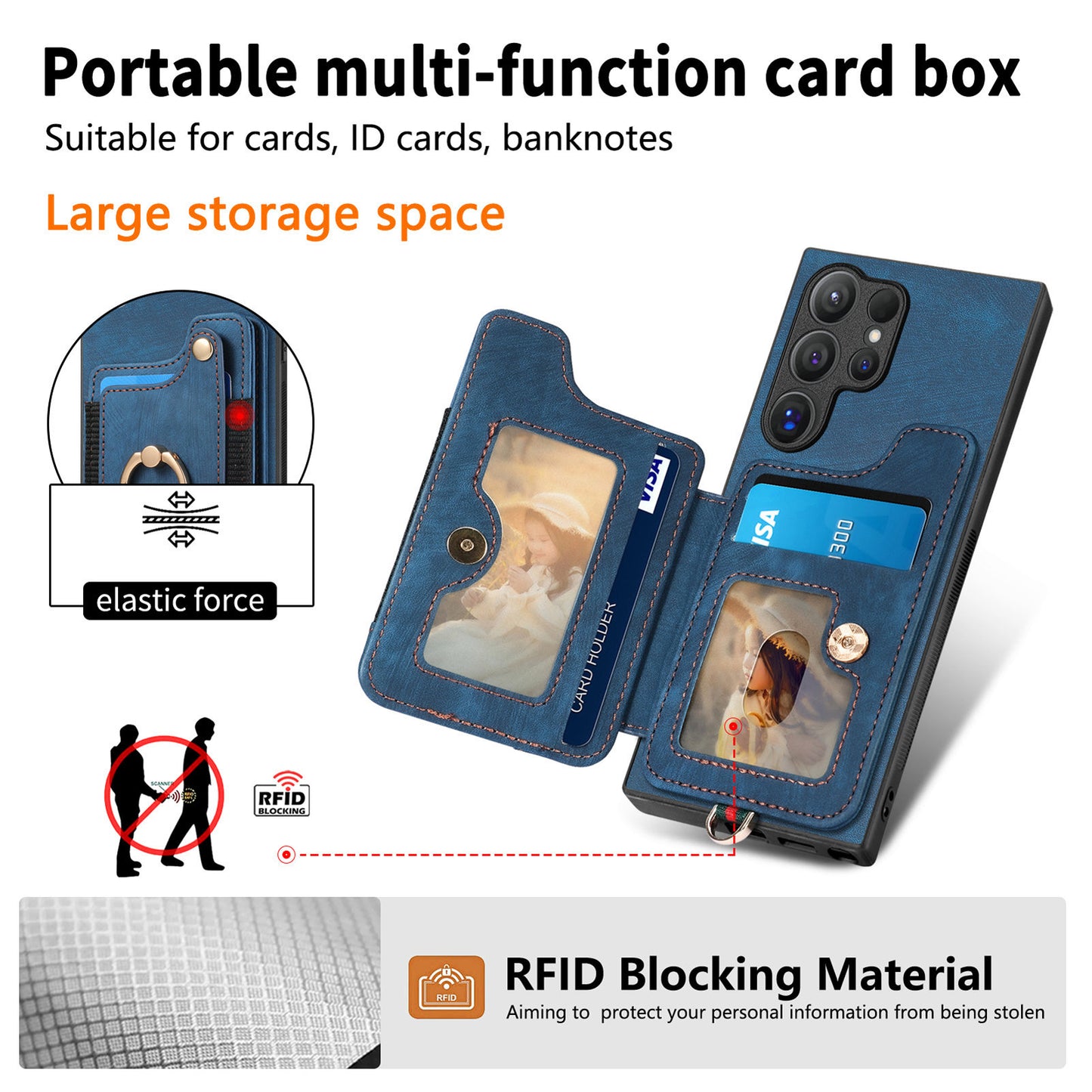 D4 For Samsung Galaxy S24 Ultra Leather Back Cover RFID Blocking Kickstand Phone Case with Card Slots - Blue