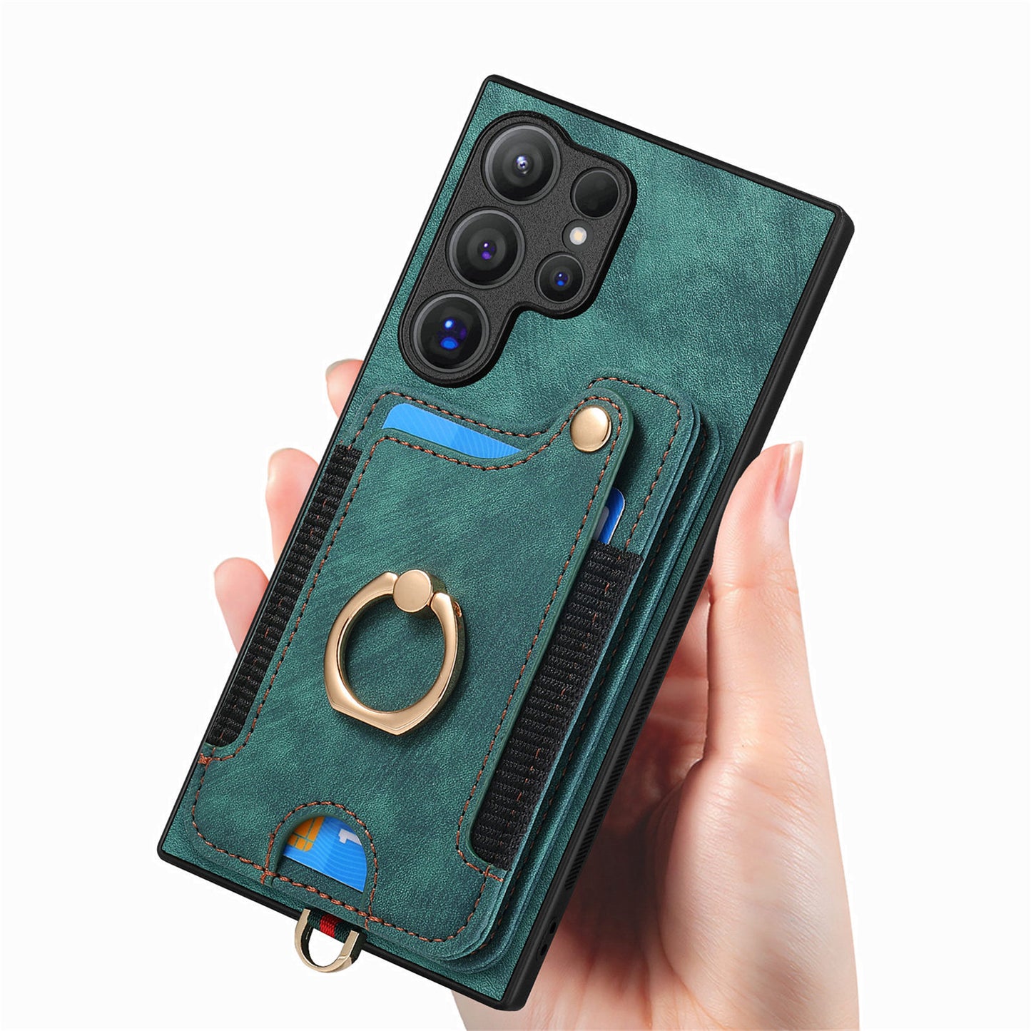D4 For Samsung Galaxy S24 Ultra Leather Back Cover RFID Blocking Kickstand Phone Case with Card Slots - Green