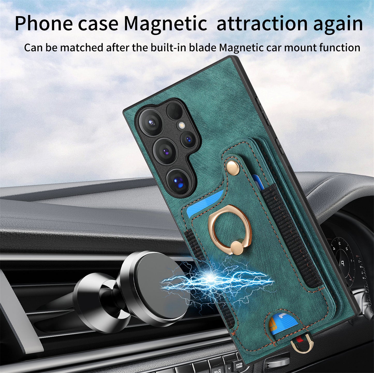 D4 For Samsung Galaxy S24 Ultra Leather Back Cover RFID Blocking Kickstand Phone Case with Card Slots - Green