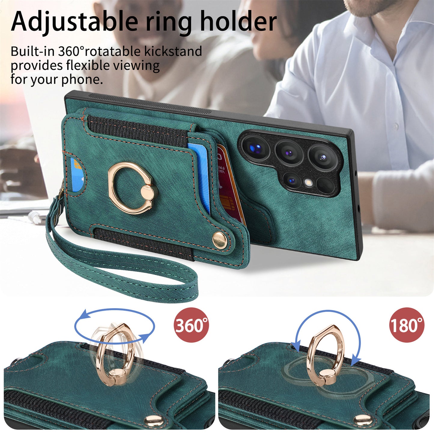 D4 For Samsung Galaxy S24 Ultra Leather Back Cover RFID Blocking Kickstand Phone Case with Card Slots - Green