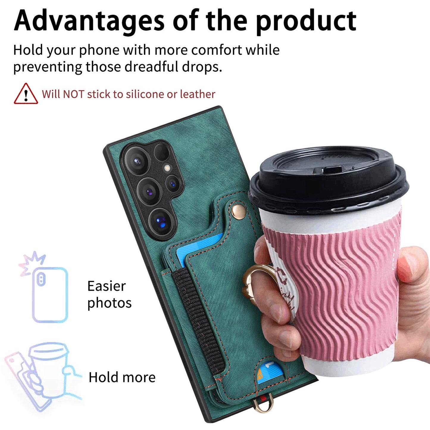 D4 For Samsung Galaxy S24 Ultra Leather Back Cover RFID Blocking Kickstand Phone Case with Card Slots - Green