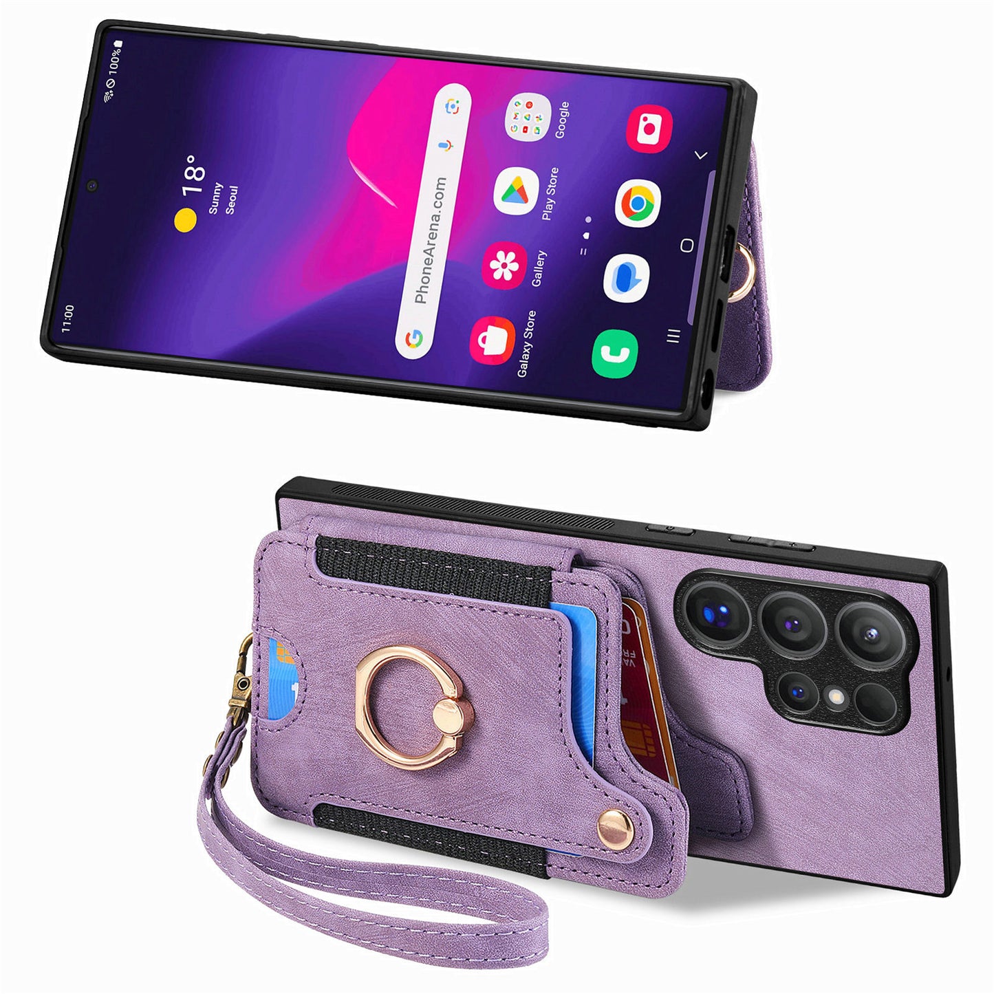 D4 For Samsung Galaxy S24 Ultra Leather Back Cover RFID Blocking Kickstand Phone Case with Card Slots - Purple