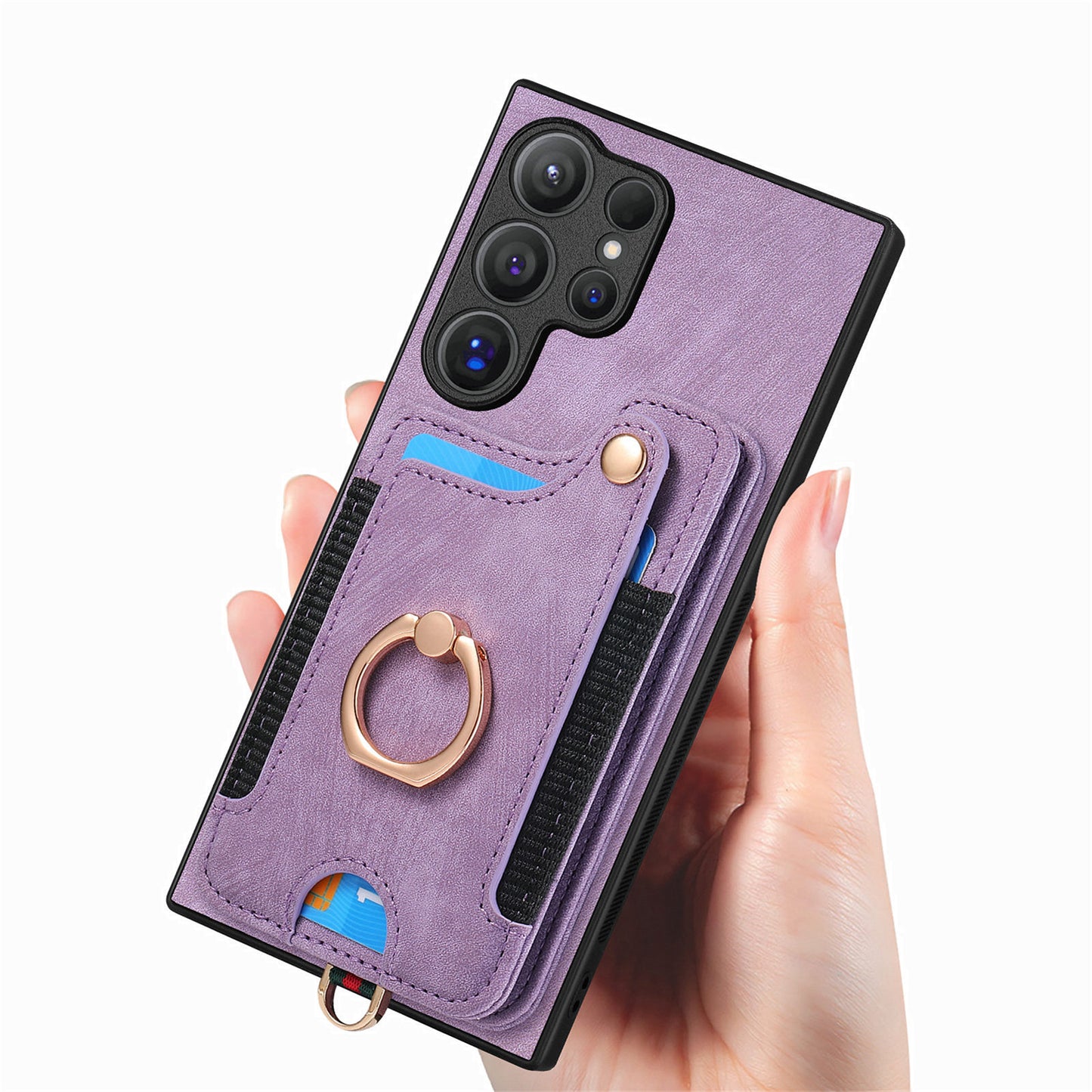 D4 For Samsung Galaxy S24 Ultra Leather Back Cover RFID Blocking Kickstand Phone Case with Card Slots - Purple