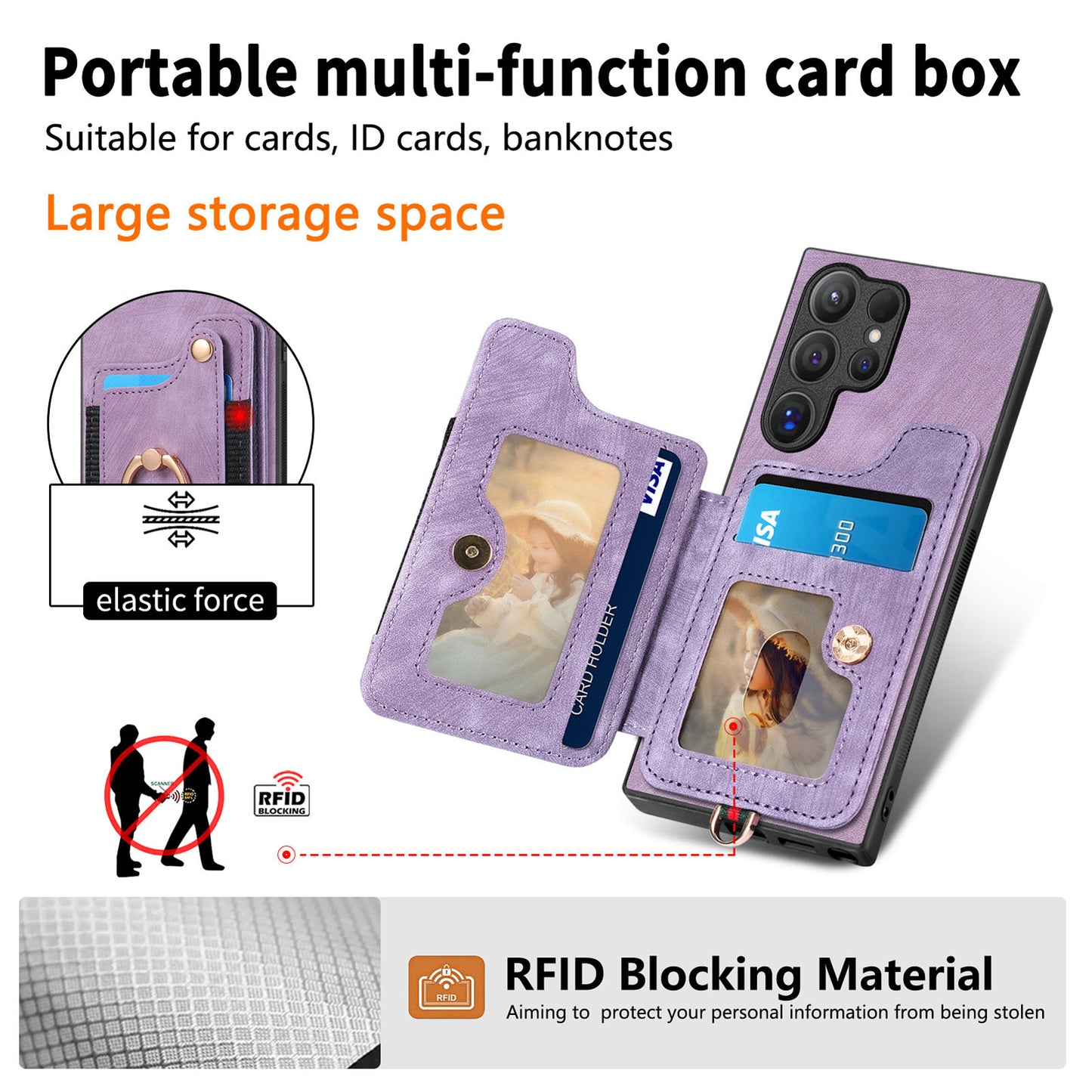 D4 For Samsung Galaxy S24 Ultra Leather Back Cover RFID Blocking Kickstand Phone Case with Card Slots - Purple
