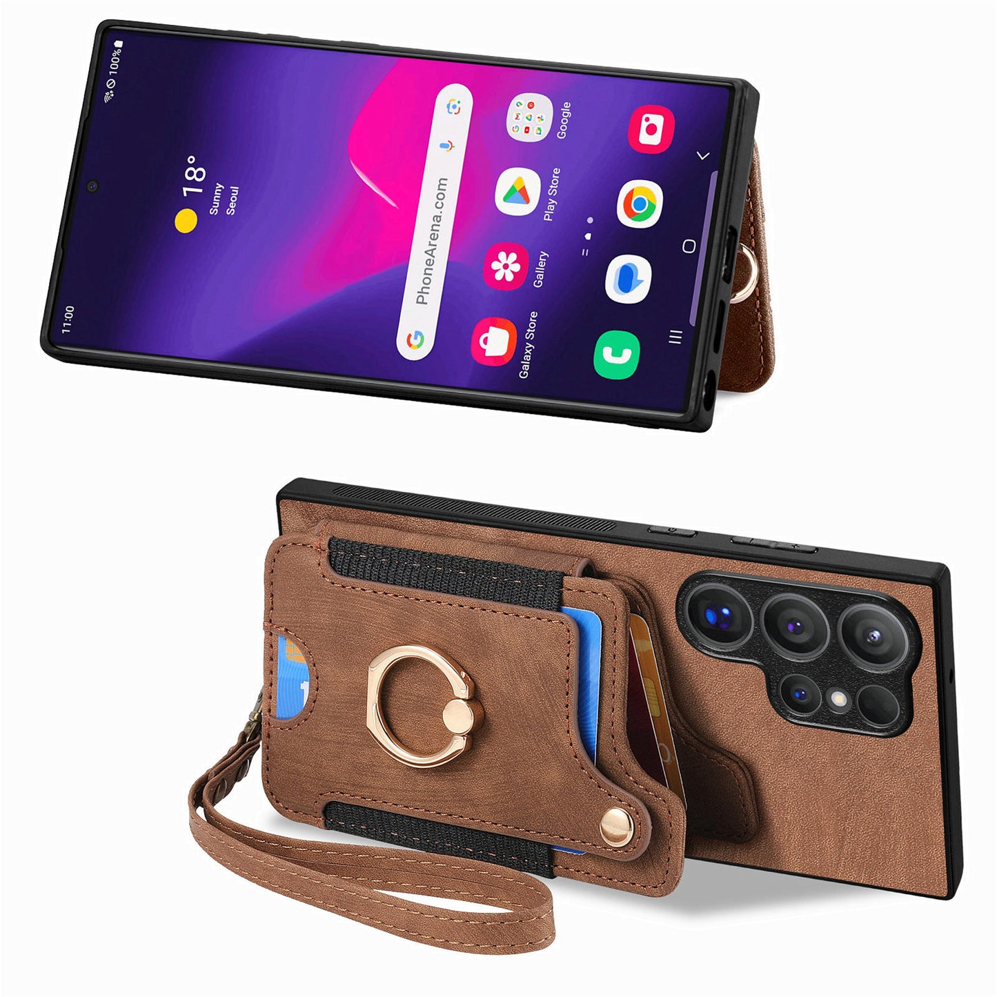 D4 For Samsung Galaxy S24 Ultra Leather Back Cover RFID Blocking Kickstand Phone Case with Card Slots - Brown