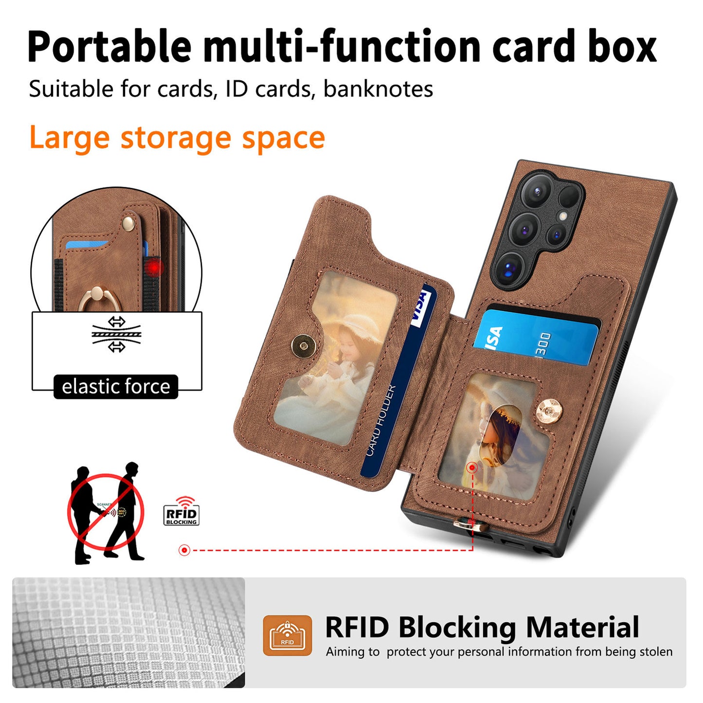 D4 For Samsung Galaxy S24 Ultra Leather Back Cover RFID Blocking Kickstand Phone Case with Card Slots - Brown