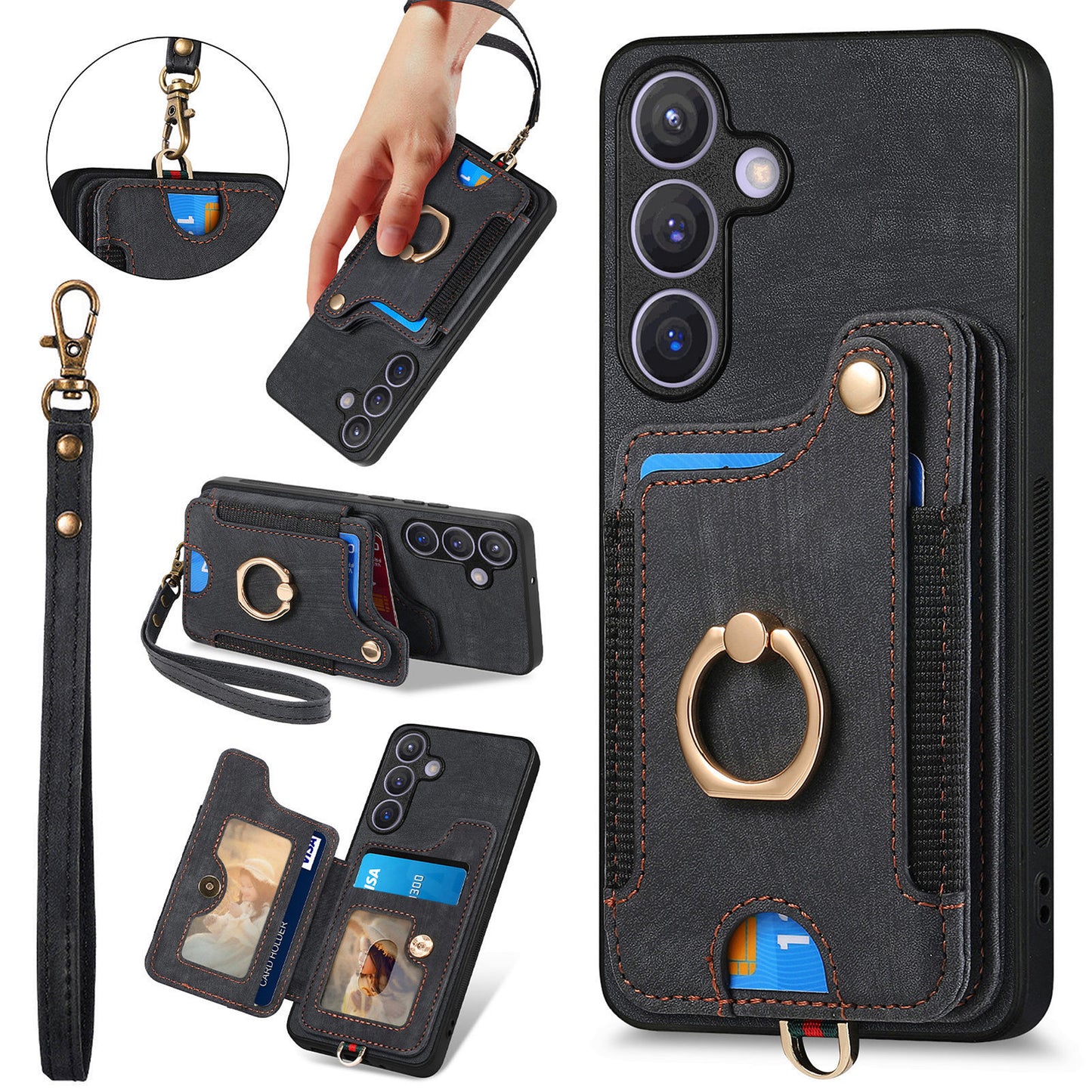D4 For Samsung Galaxy S24+ Phone Case with RFID Blocking Card Holders Magnetic Snap - Black