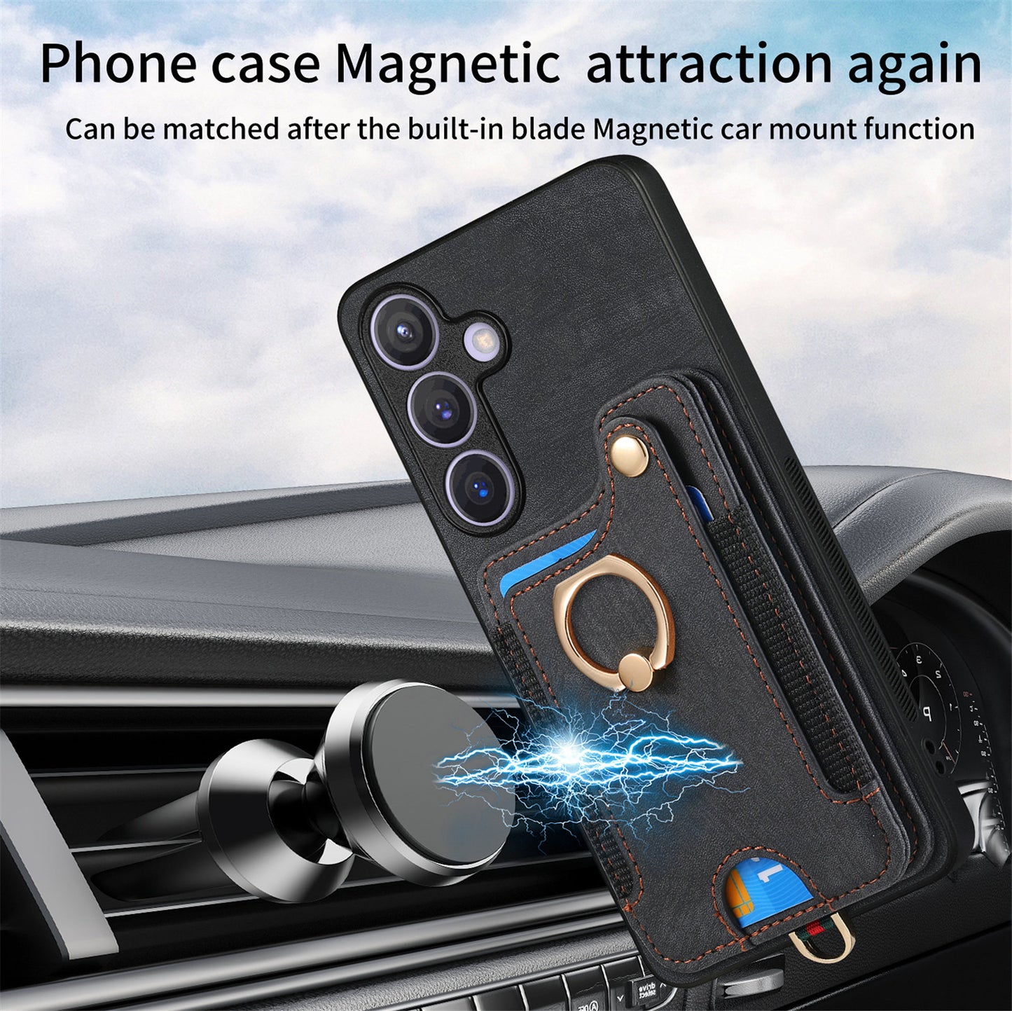 D4 For Samsung Galaxy S24+ Phone Case with RFID Blocking Card Holders Magnetic Snap - Black