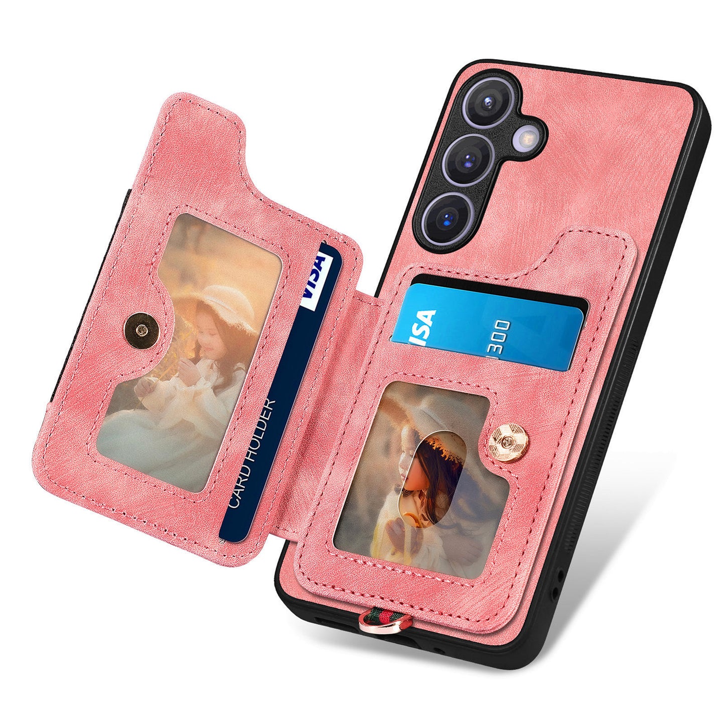 D4 For Samsung Galaxy S24+ Phone Case with RFID Blocking Card Holders Magnetic Snap - Pink