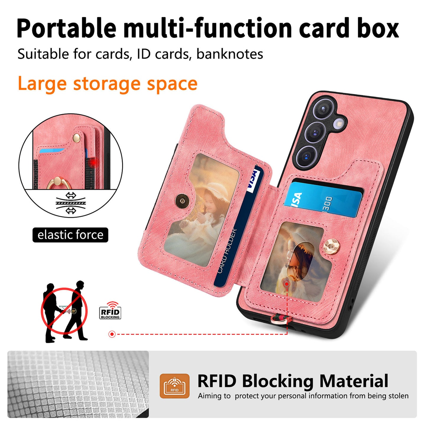 D4 For Samsung Galaxy S24+ Phone Case with RFID Blocking Card Holders Magnetic Snap - Pink