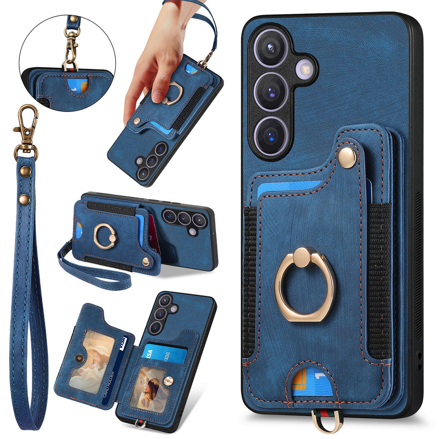 D4 For Samsung Galaxy S24+ Phone Case with RFID Blocking Card Holders Magnetic Snap - Blue