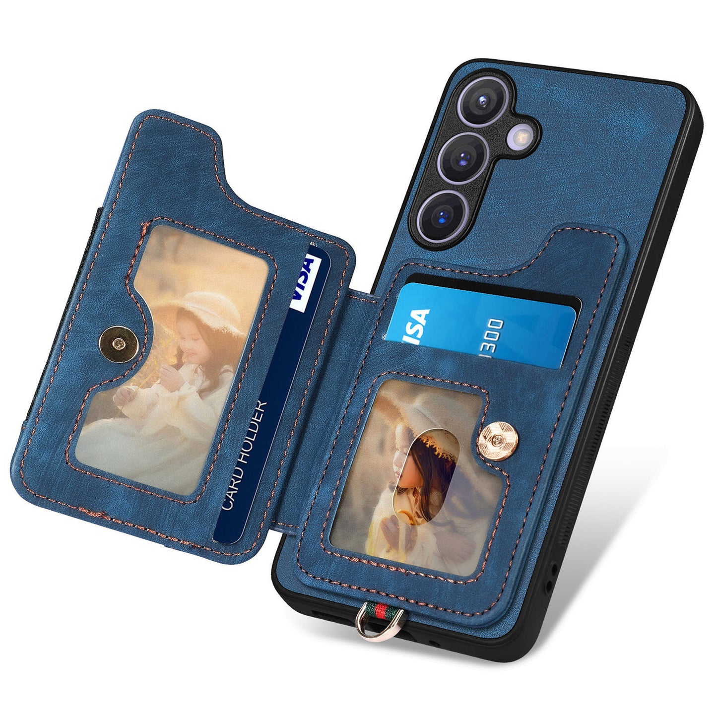 D4 For Samsung Galaxy S24+ Phone Case with RFID Blocking Card Holders Magnetic Snap - Blue