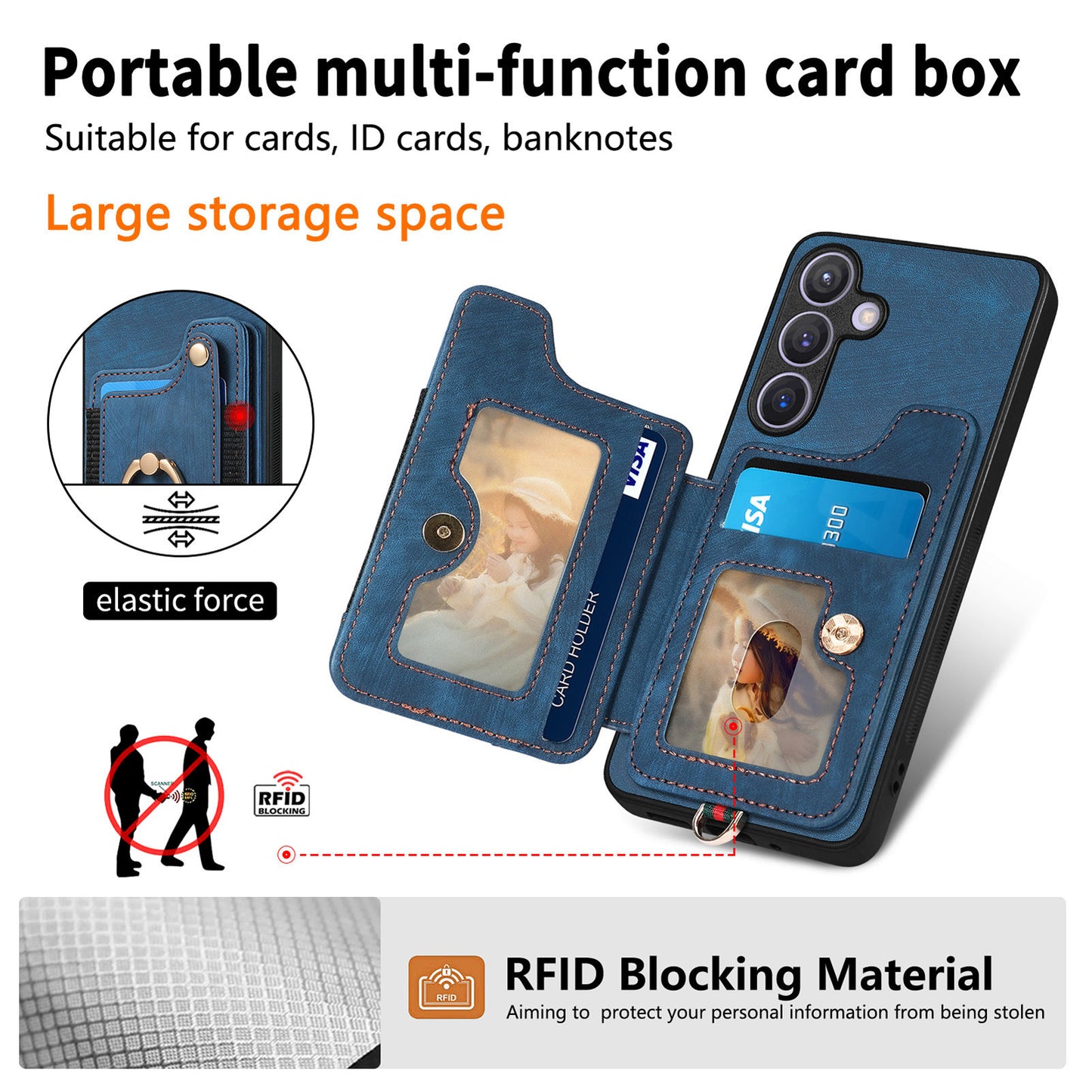 D4 For Samsung Galaxy S24+ Phone Case with RFID Blocking Card Holders Magnetic Snap - Blue