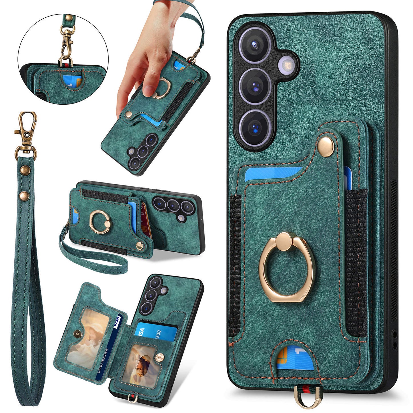 D4 For Samsung Galaxy S24+ Phone Case with RFID Blocking Card Holders Magnetic Snap - Green