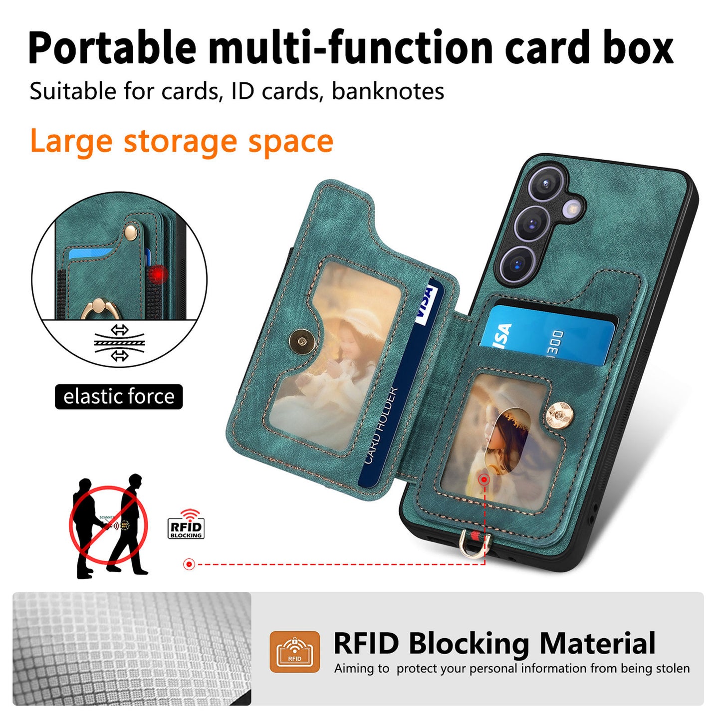 D4 For Samsung Galaxy S24+ Phone Case with RFID Blocking Card Holders Magnetic Snap - Green
