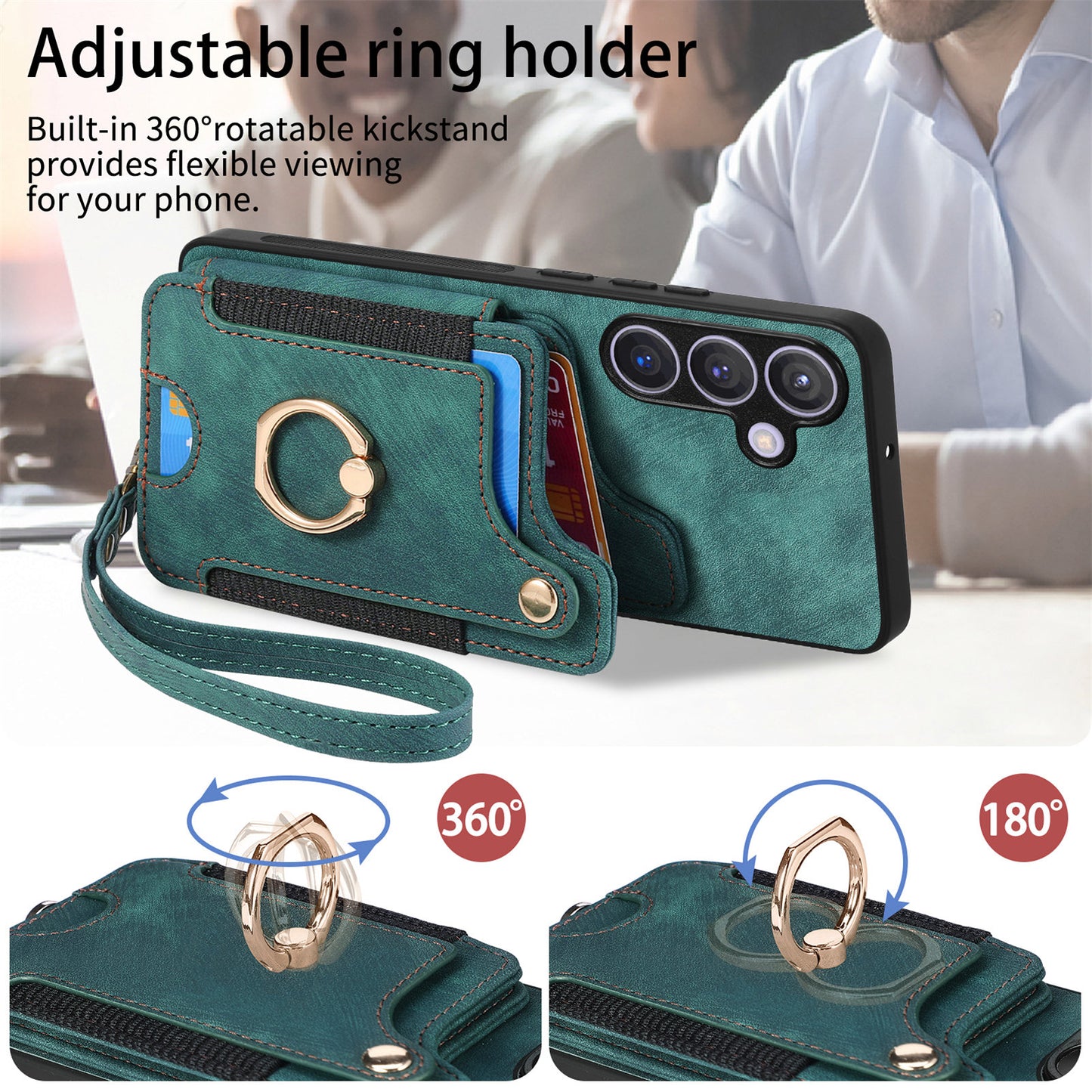 D4 For Samsung Galaxy S24+ Phone Case with RFID Blocking Card Holders Magnetic Snap - Green