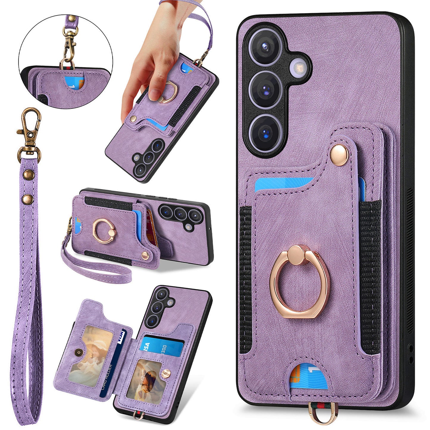 D4 For Samsung Galaxy S24+ Phone Case with RFID Blocking Card Holders Magnetic Snap - Purple