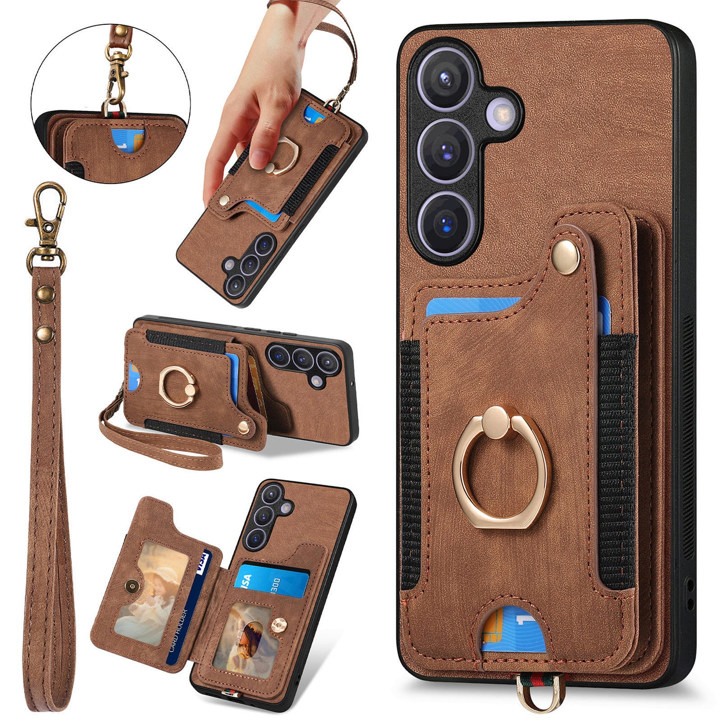 D4 For Samsung Galaxy S24+ Phone Case with RFID Blocking Card Holders Magnetic Snap - Brown