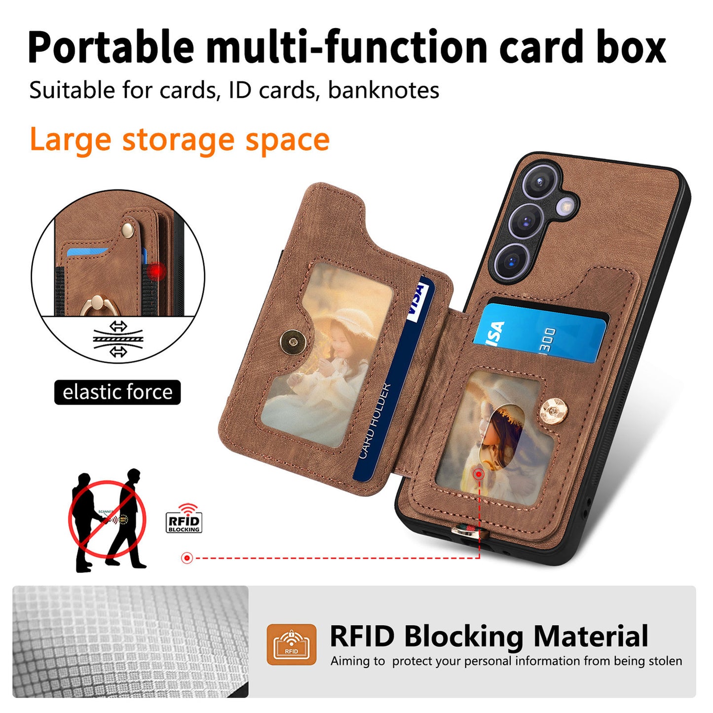 D4 For Samsung Galaxy S24+ Phone Case with RFID Blocking Card Holders Magnetic Snap - Brown