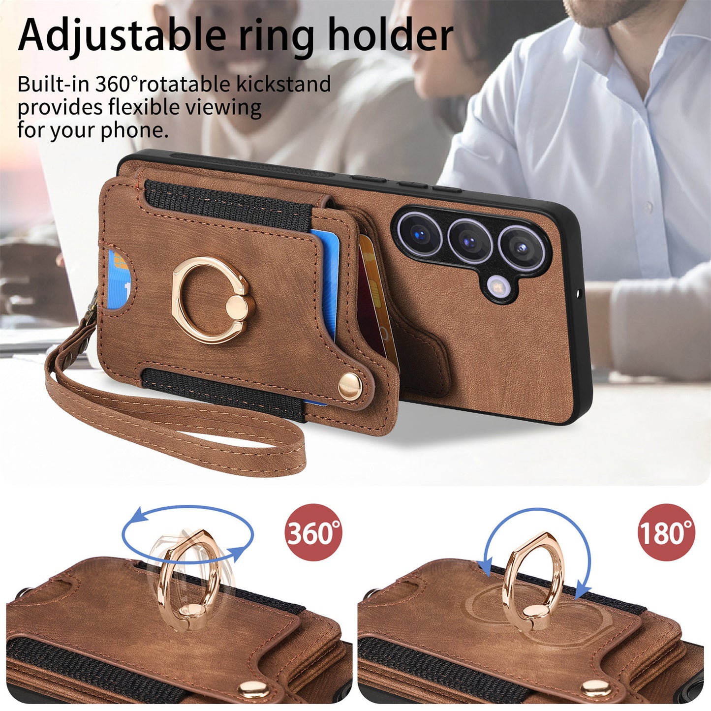 D4 For Samsung Galaxy S24+ Phone Case with RFID Blocking Card Holders Magnetic Snap - Brown