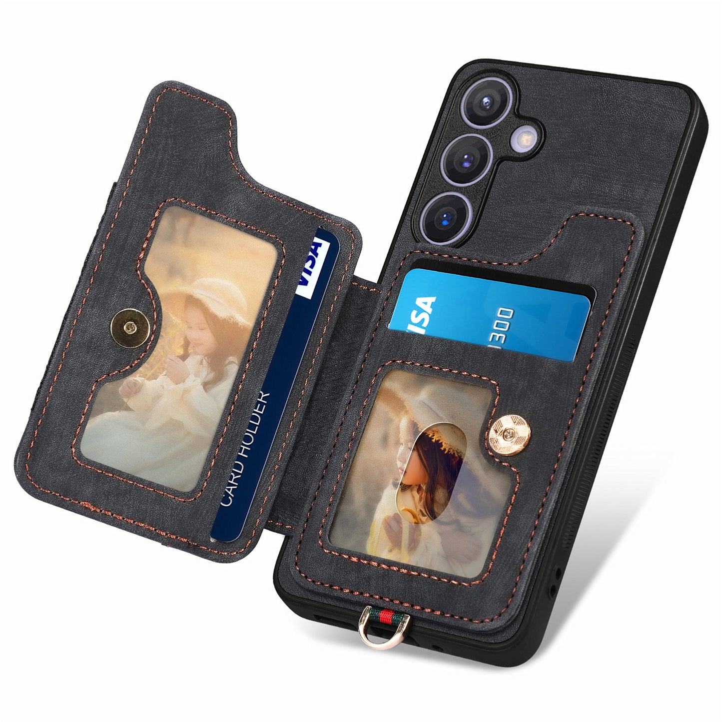 D4 For Samsung Galaxy S24 Vintage Phone Case Card Slots Kickstand Cover RFID Blocking - Black