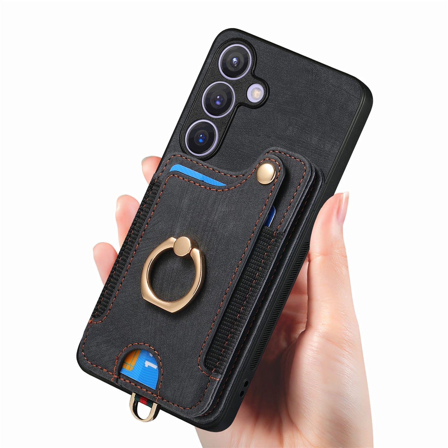D4 For Samsung Galaxy S24 Vintage Phone Case Card Slots Kickstand Cover RFID Blocking - Black