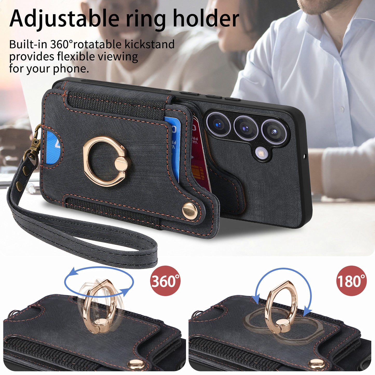 D4 For Samsung Galaxy S24 Vintage Phone Case Card Slots Kickstand Cover RFID Blocking - Black