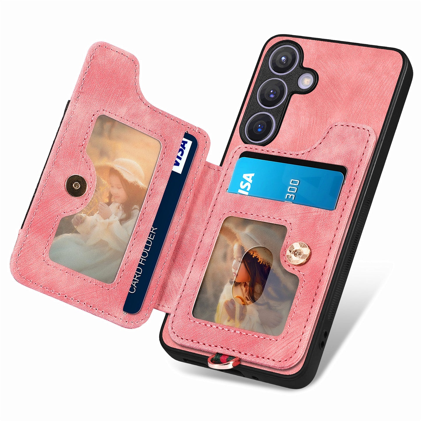 D4 For Samsung Galaxy S24 Vintage Phone Case Card Slots Kickstand Cover RFID Blocking - Pink