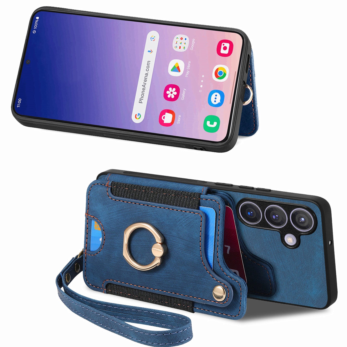 D4 For Samsung Galaxy S24 Vintage Phone Case Card Slots Kickstand Cover RFID Blocking - Blue