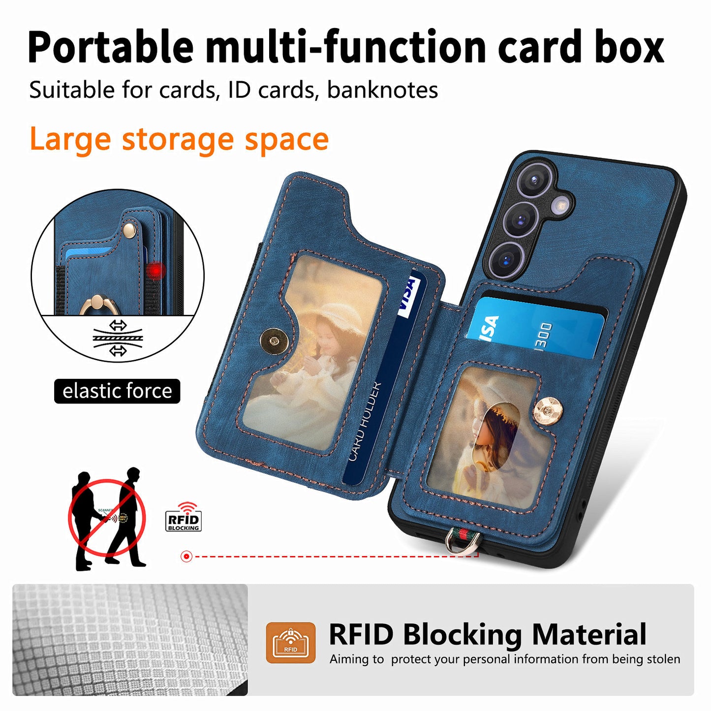 D4 For Samsung Galaxy S24 Vintage Phone Case Card Slots Kickstand Cover RFID Blocking - Blue